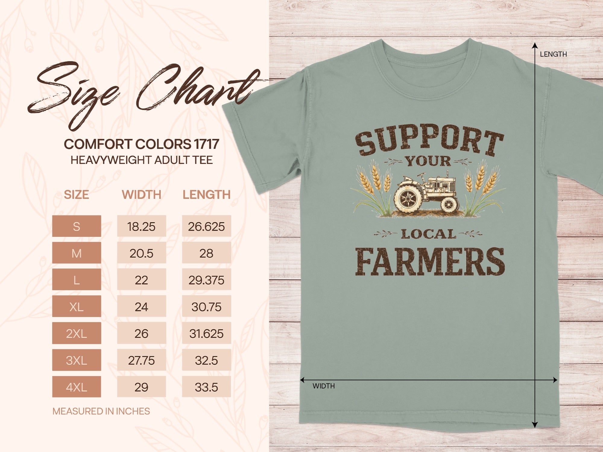 Comfort Colors 1717 size chart featuring "Support Your Local Farmers" graphic tee.