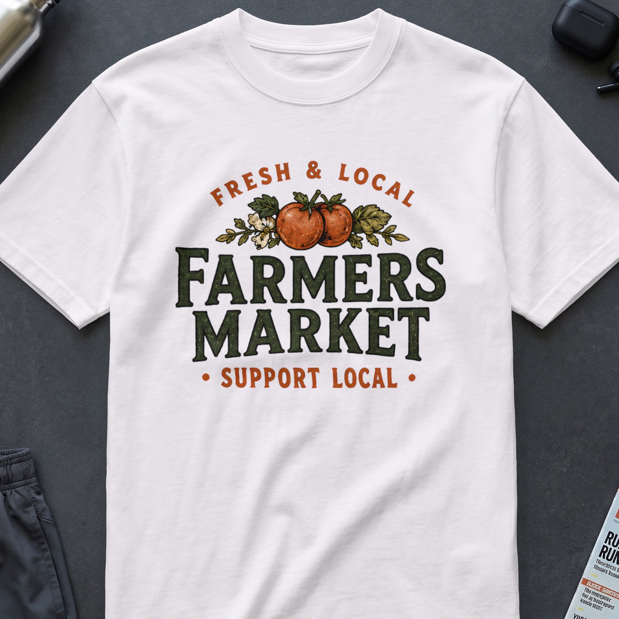 White t-shirt with "Fresh & Local Farmers Market Support Local" text.