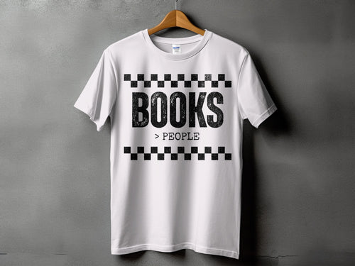 White t-shirt with black text "BOOKS > PEOPLE" between checkered bands.