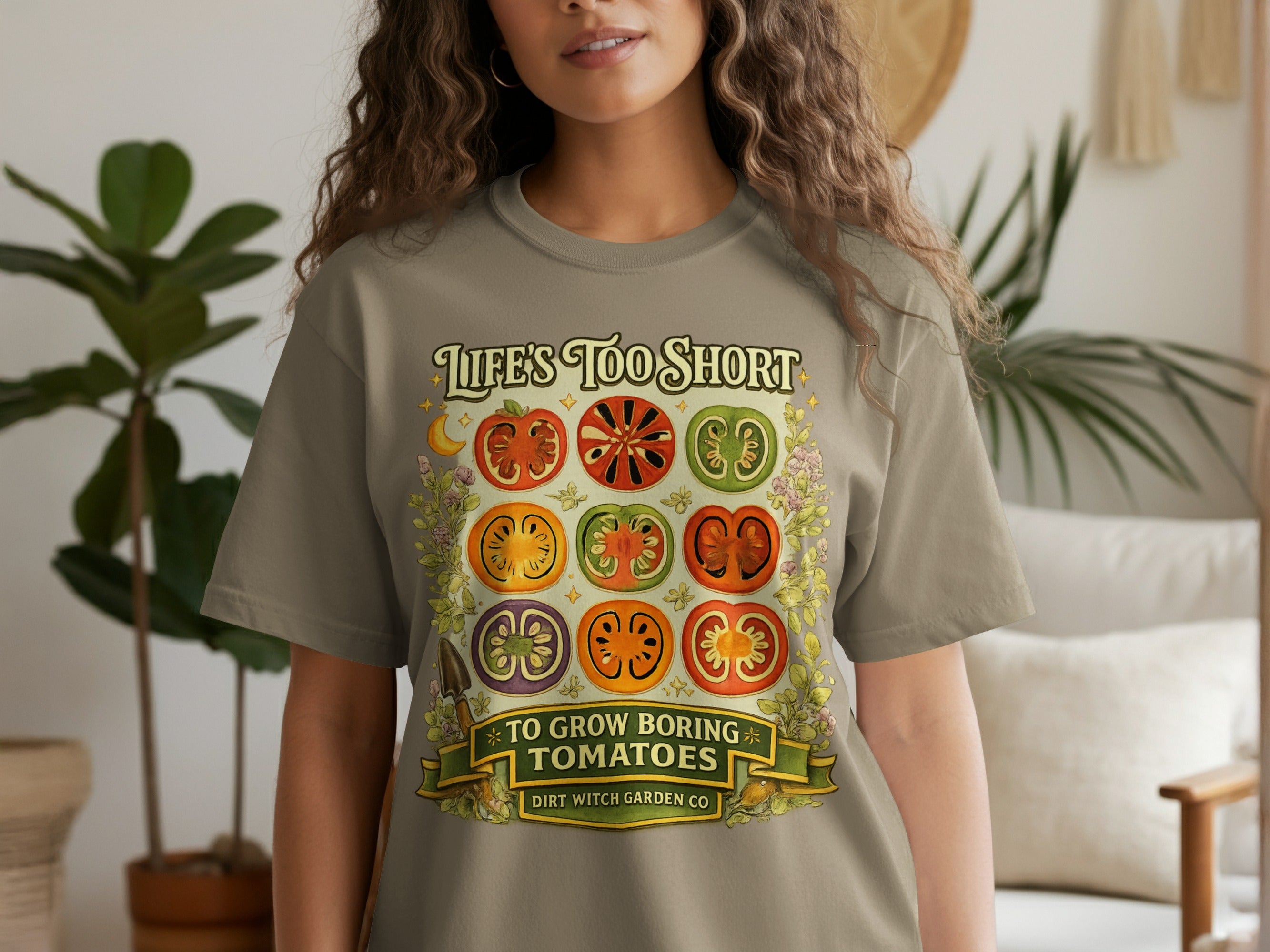 Life's too short to grow boring tomatoes t-shirt with vintage tomato slices.