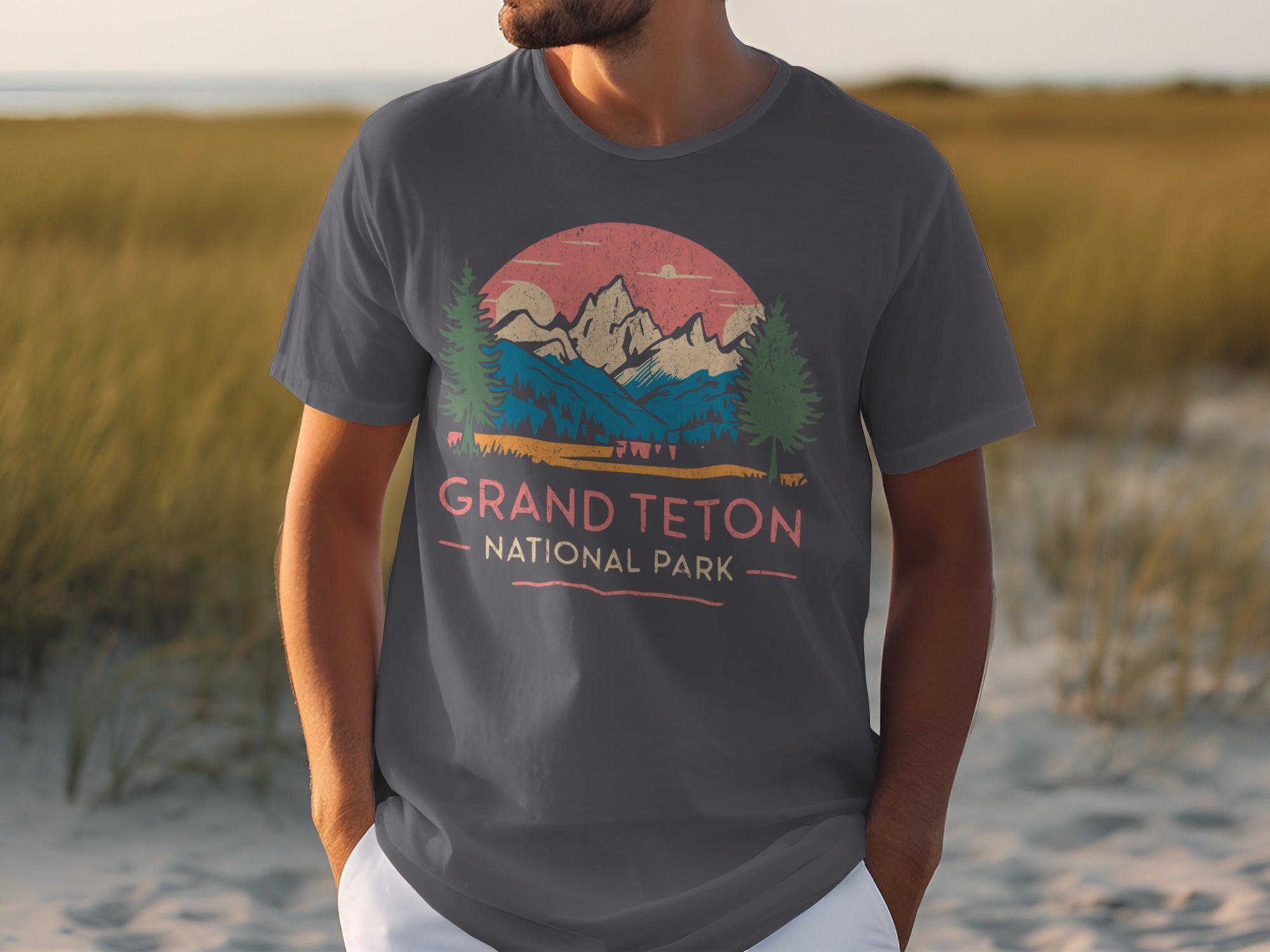 Dark grey t-shirt with Grand Teton National Park mountain graphic and text