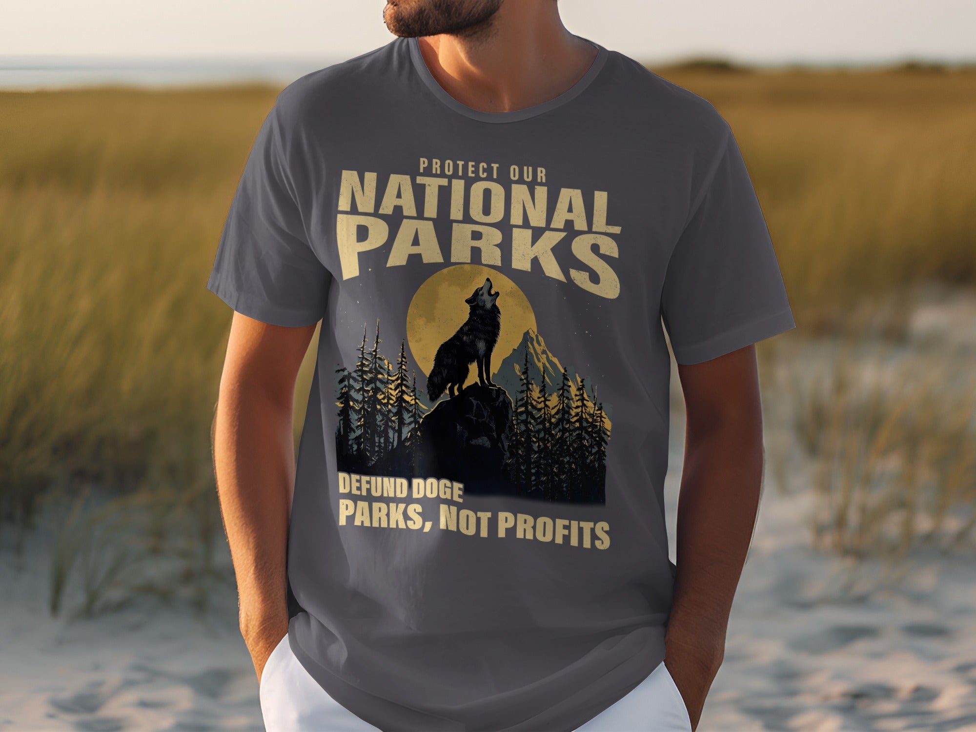 Dark grey t-shirt with Protect Our National Parks and wolf design.