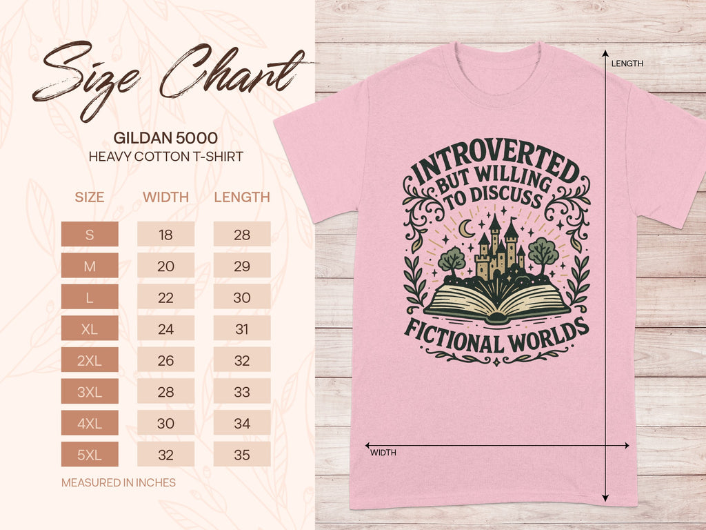 Pink t-shirt with "Introverted but willing to discuss fictional worlds" graphic, with size chart.