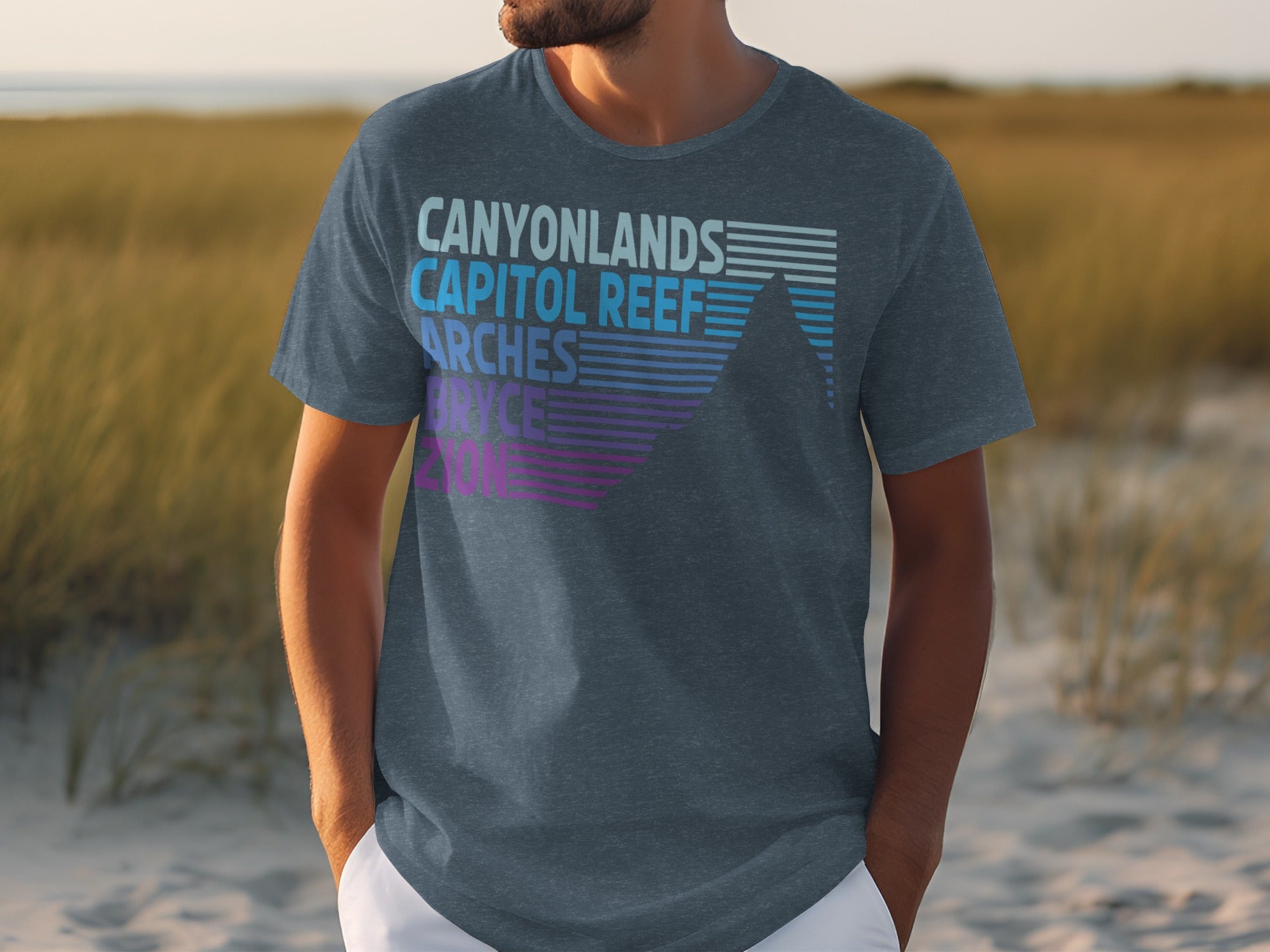 Dark grey t-shirt with "Canyonlands Capitol Reef Arches Bryce Zion" text and mountain graphic.