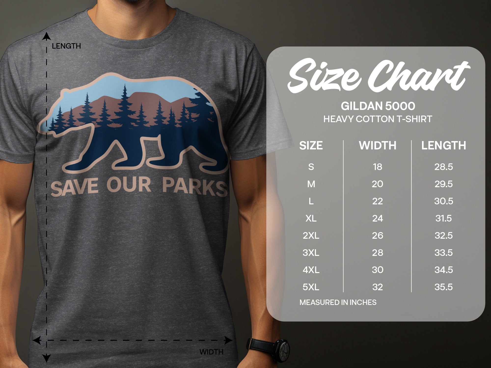 Grey t-shirt with bear graphic and "SAVE OUR PARKS" text, includes size chart.