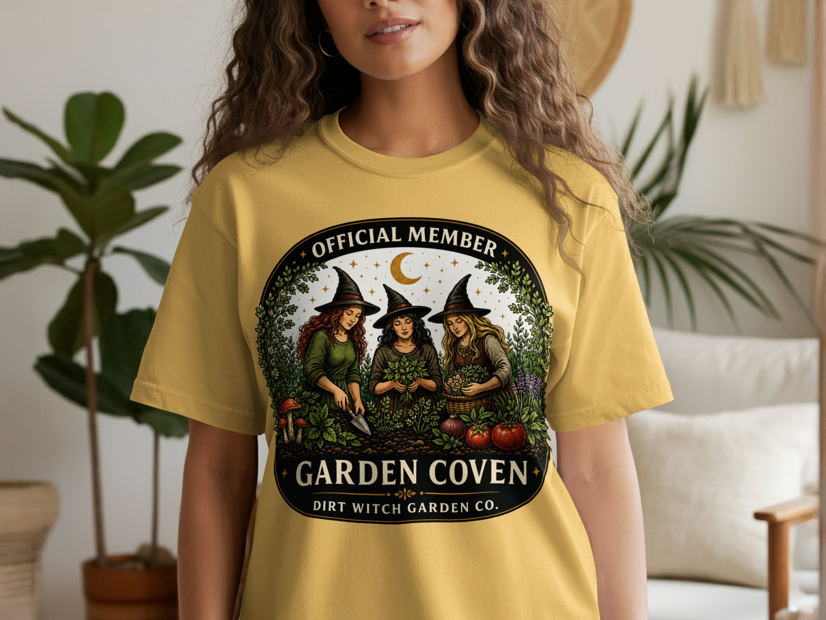 Three witches gardening under a crescent moon, text reads Garden Coven.