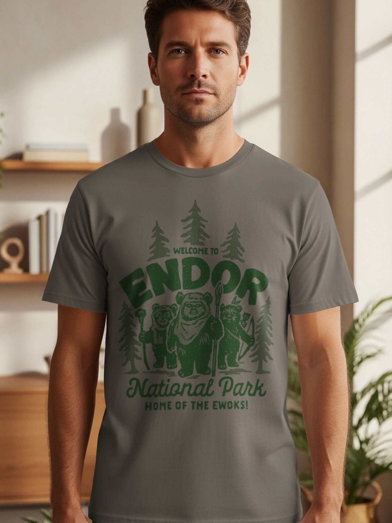 Gray t-shirt with green graphic: Welcome to Endor National Park, Home of the Ewoks!