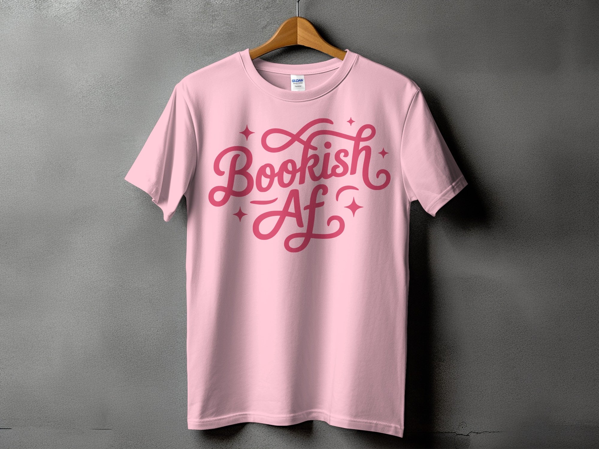 Pink t-shirt with "Bookish AF" text and pink stars.