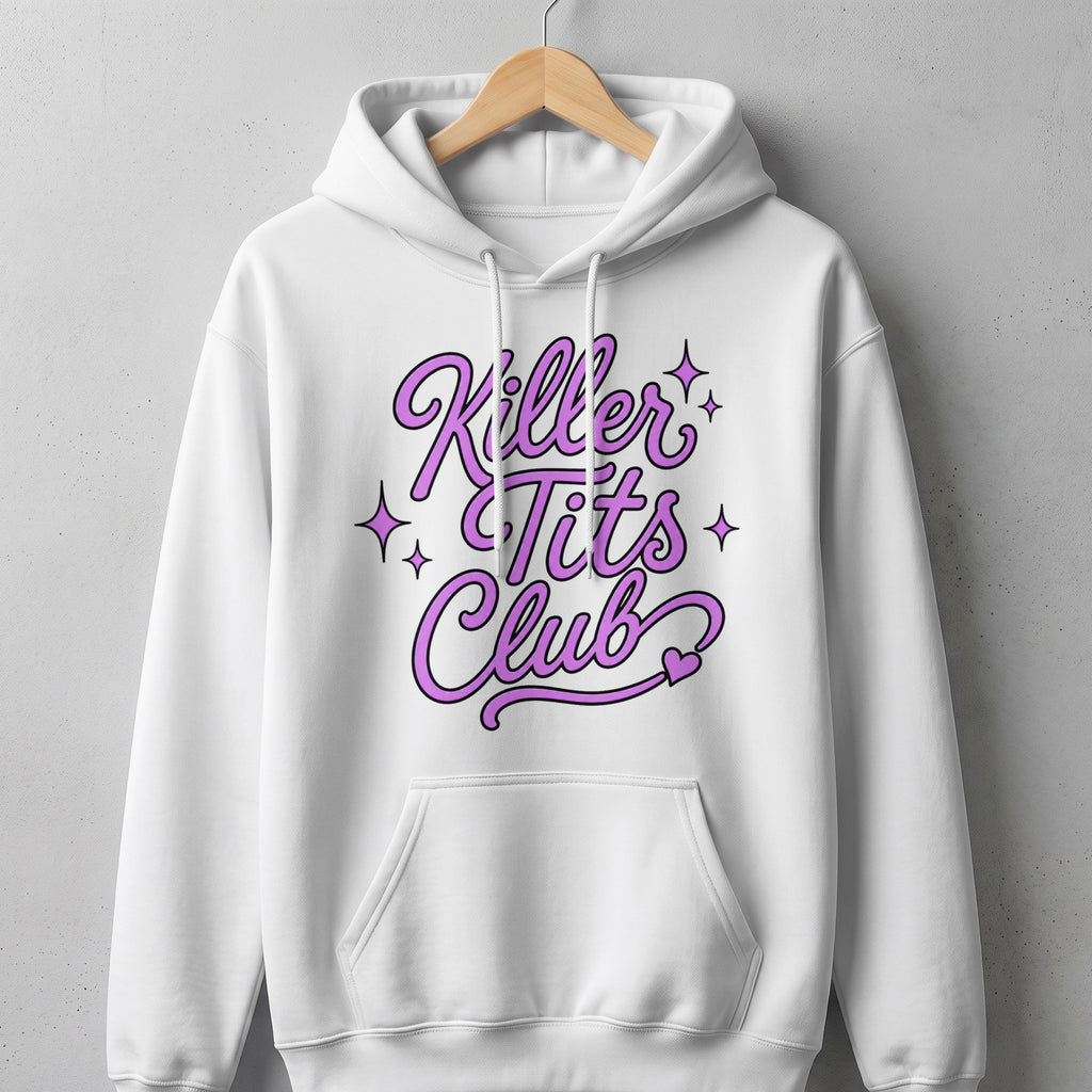 White hoodie with purple text "Killer Tits Club" and star accents.