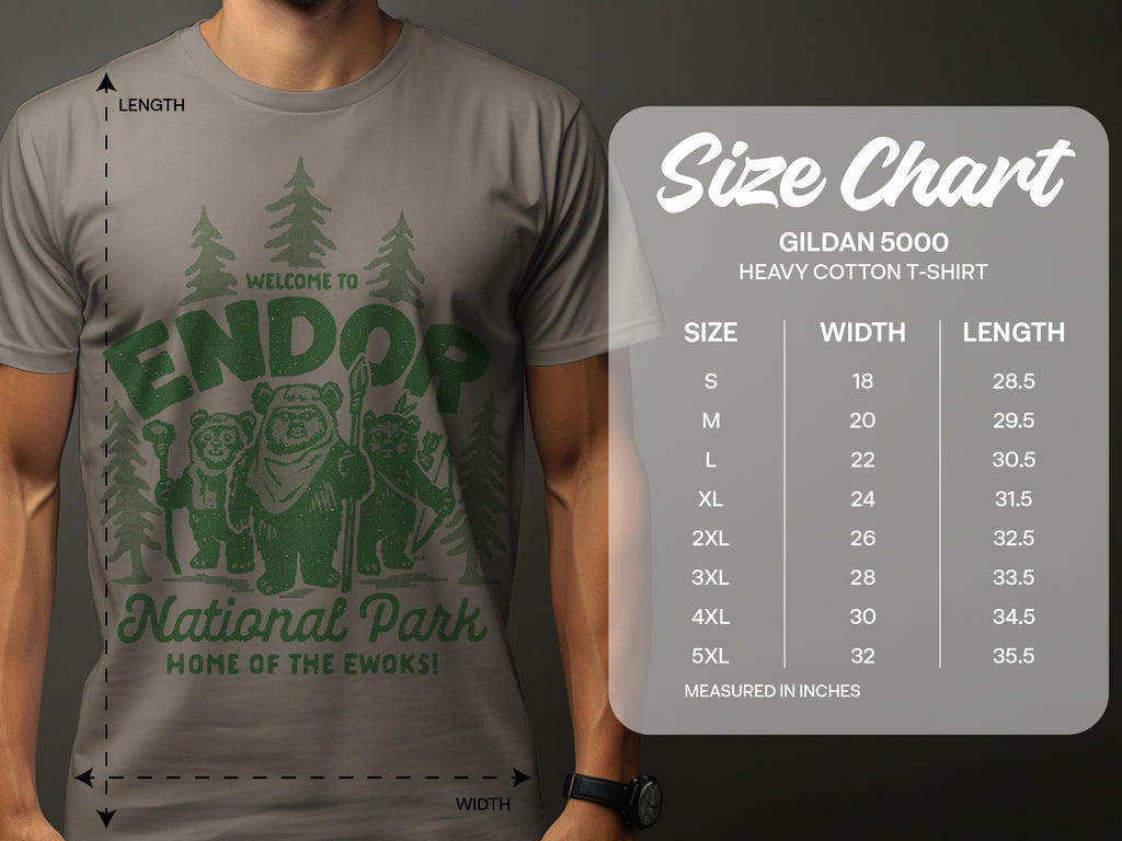 T-shirt with "Welcome to Endor National Park Home of the Ewoks" graphic and size chart.