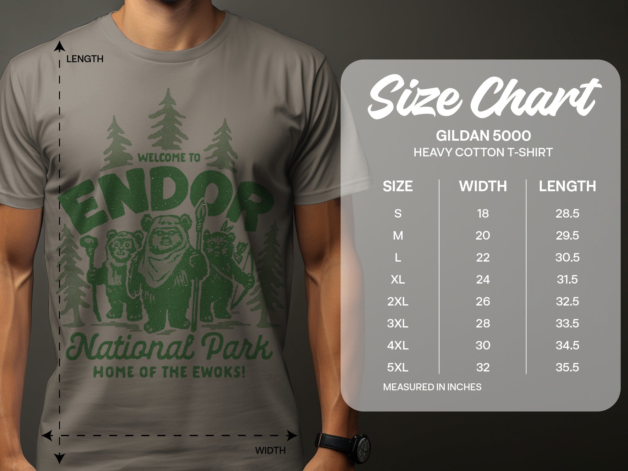 T-shirt with "Welcome to Endor National Park Home of the Ewoks" graphic and size chart.