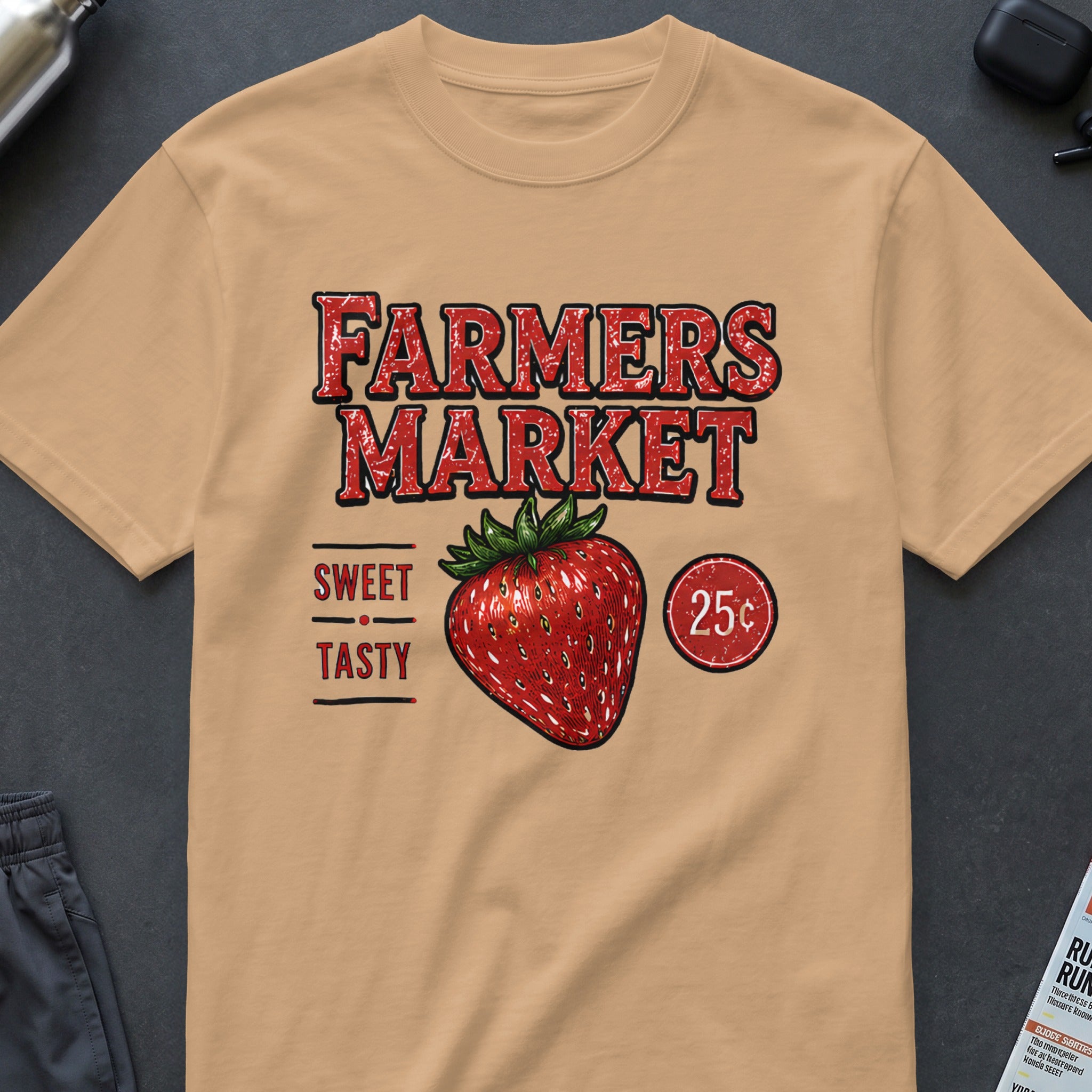 Peach t-shirt with "Farmers Market" text, strawberry, and "25¢".