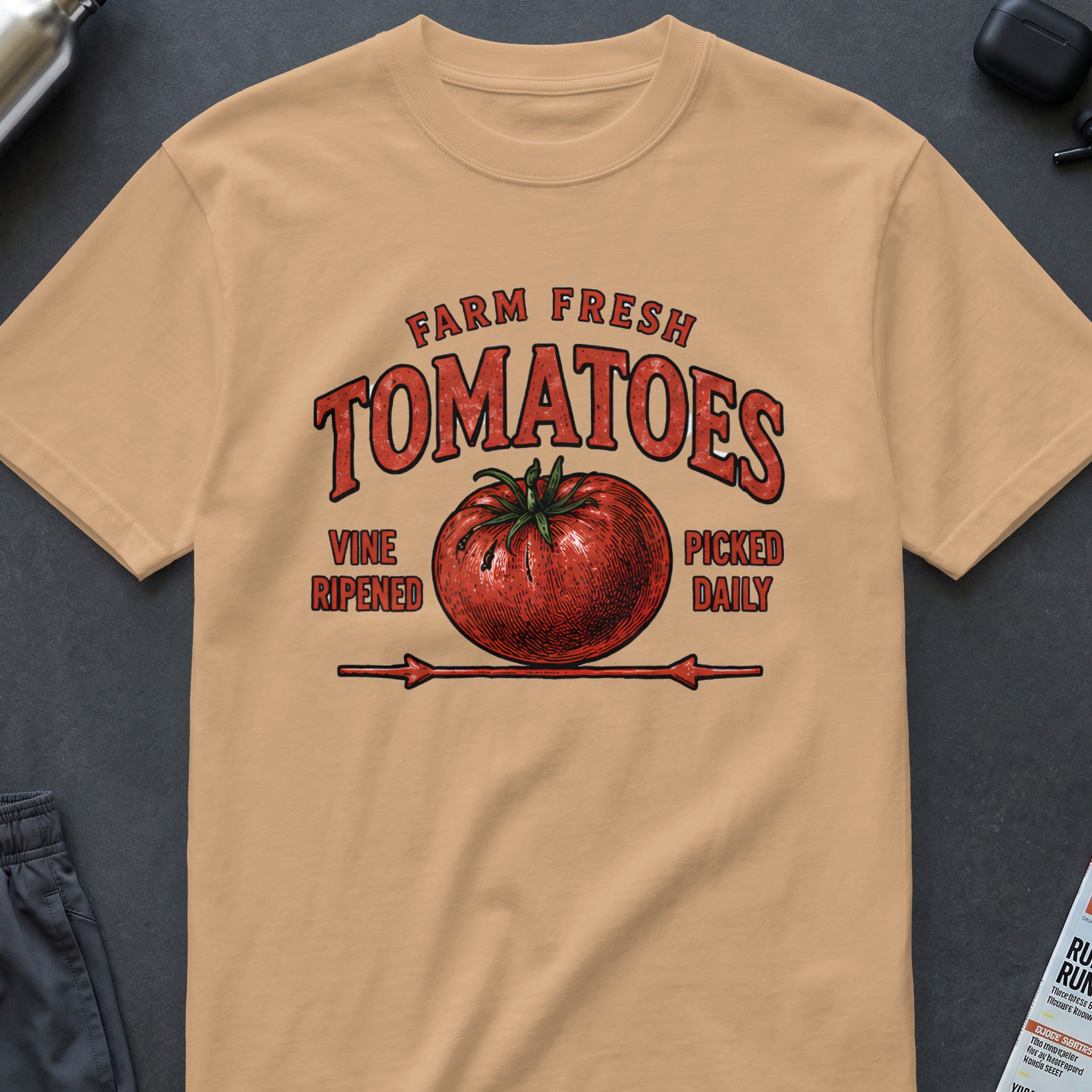 Peach t-shirt with "Farm Fresh Tomatoes" graphic and vintage illustration.