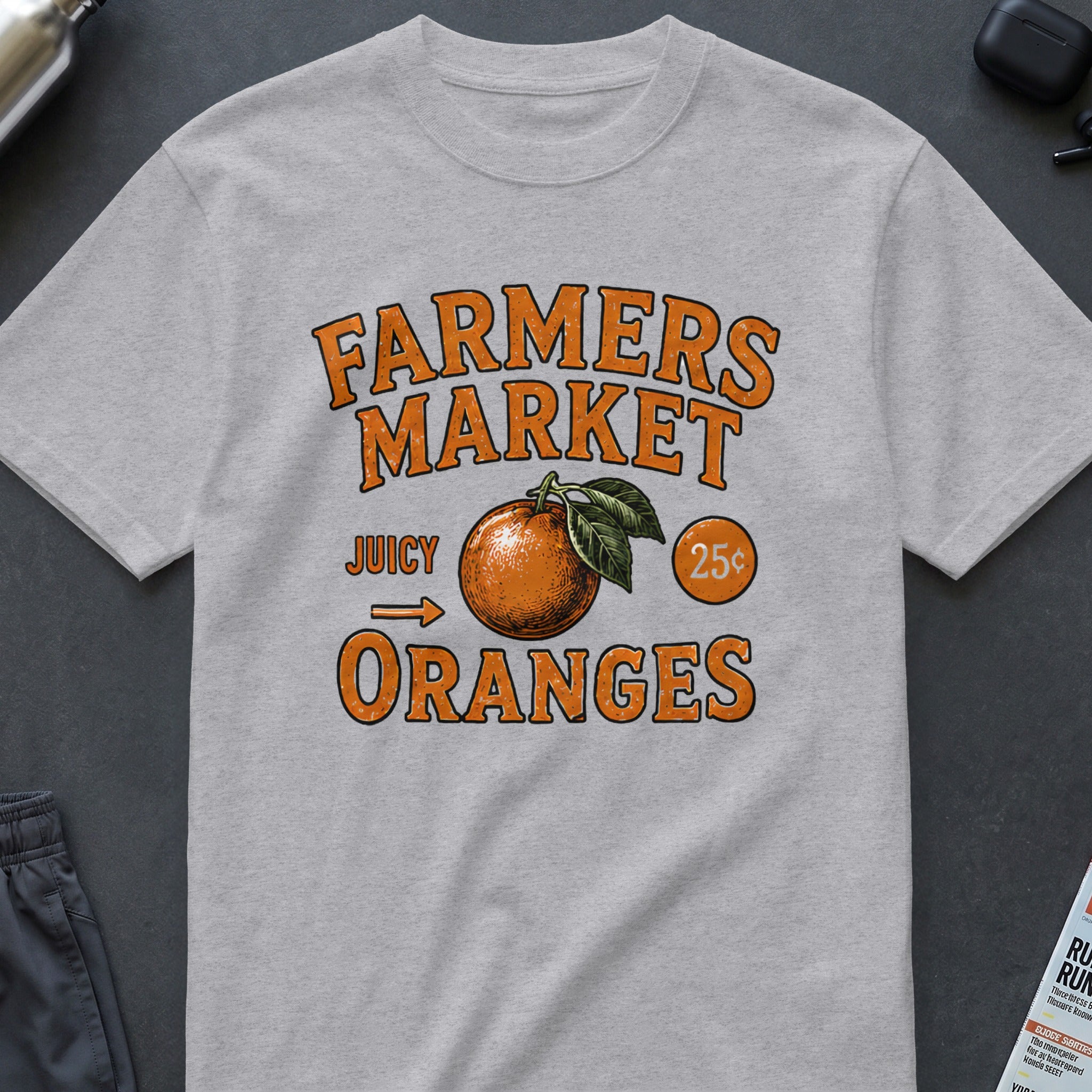 Farmers Market Juicy Oranges graphic with an orange and price.