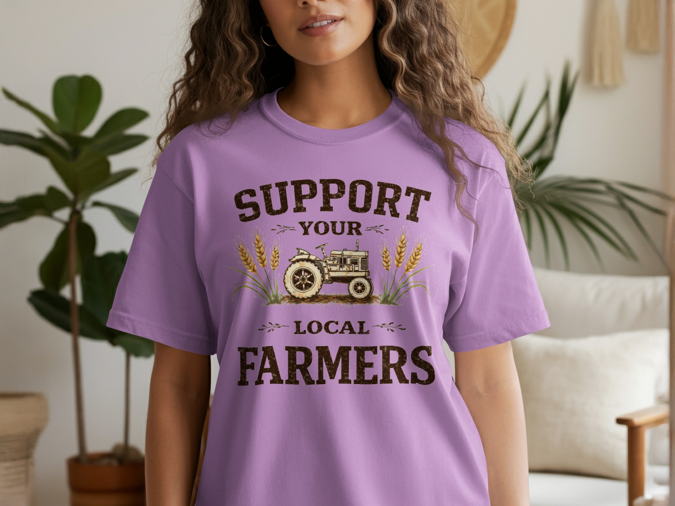Purple t-shirt with "Support Your Local Farmers" text and tractor graphic.