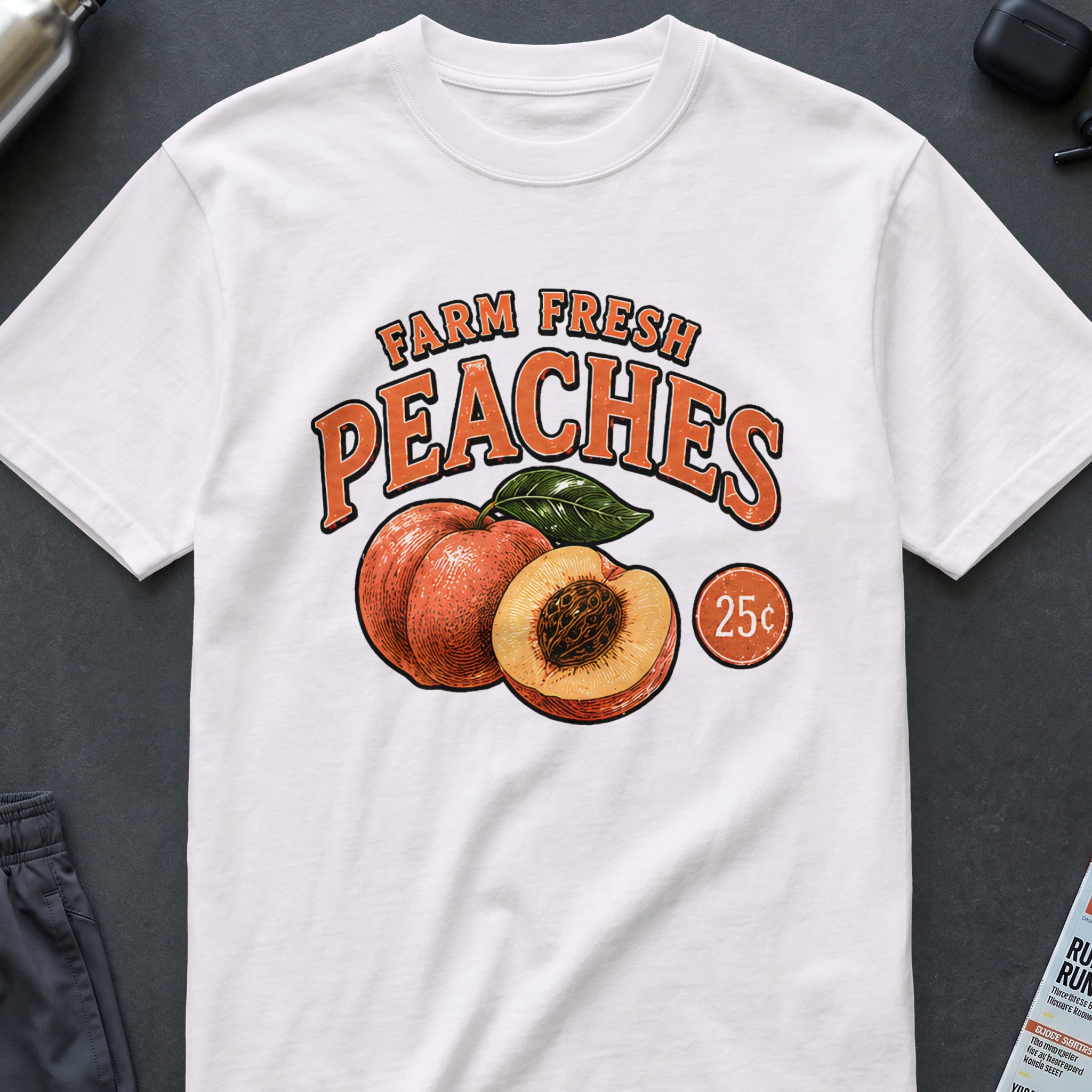 White t-shirt with "FARM FRESH PEACHES" and a 25-cent sign.