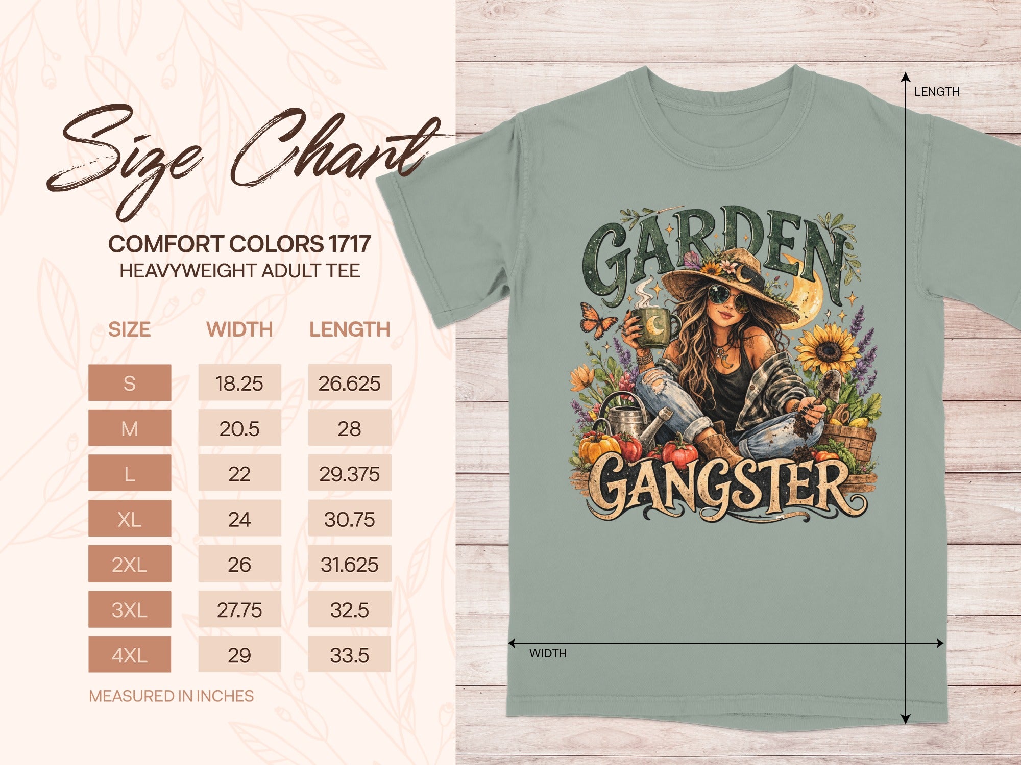Comfort Colors 1717 size chart with graphic of woman gardening, text "Garden Gangster".