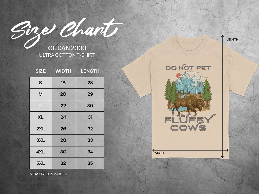 Gildan 2000 size chart for ultra cotton t-shirt with bison graphic.