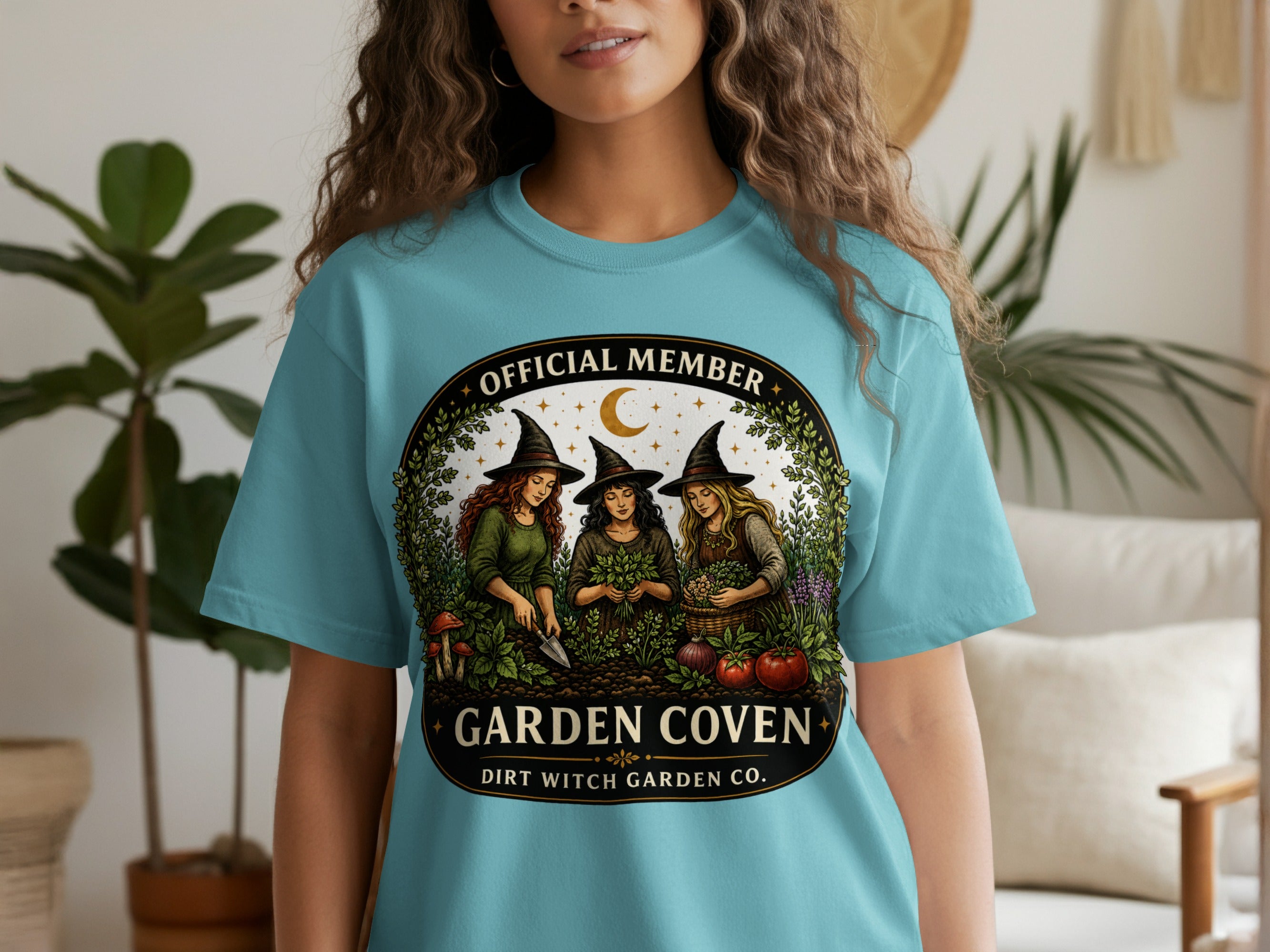 Official Member Garden Coven Dirt Witch Garden Co. t-shirt design with witches gardening.