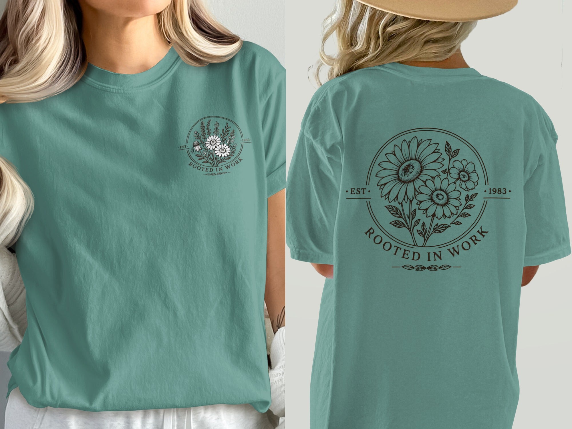 Teal t-shirt with circular floral design and "Rooted in Work" text.