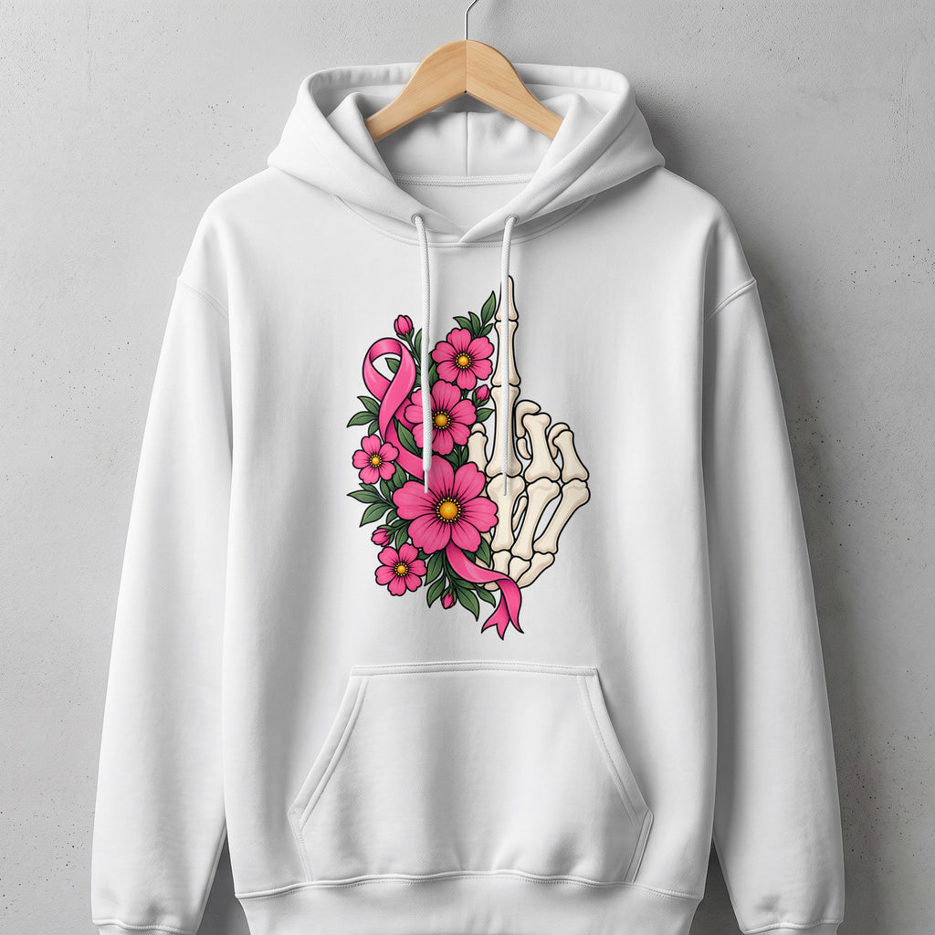 White hoodie with skeleton hand, pink flowers, and breast cancer ribbon graphic.