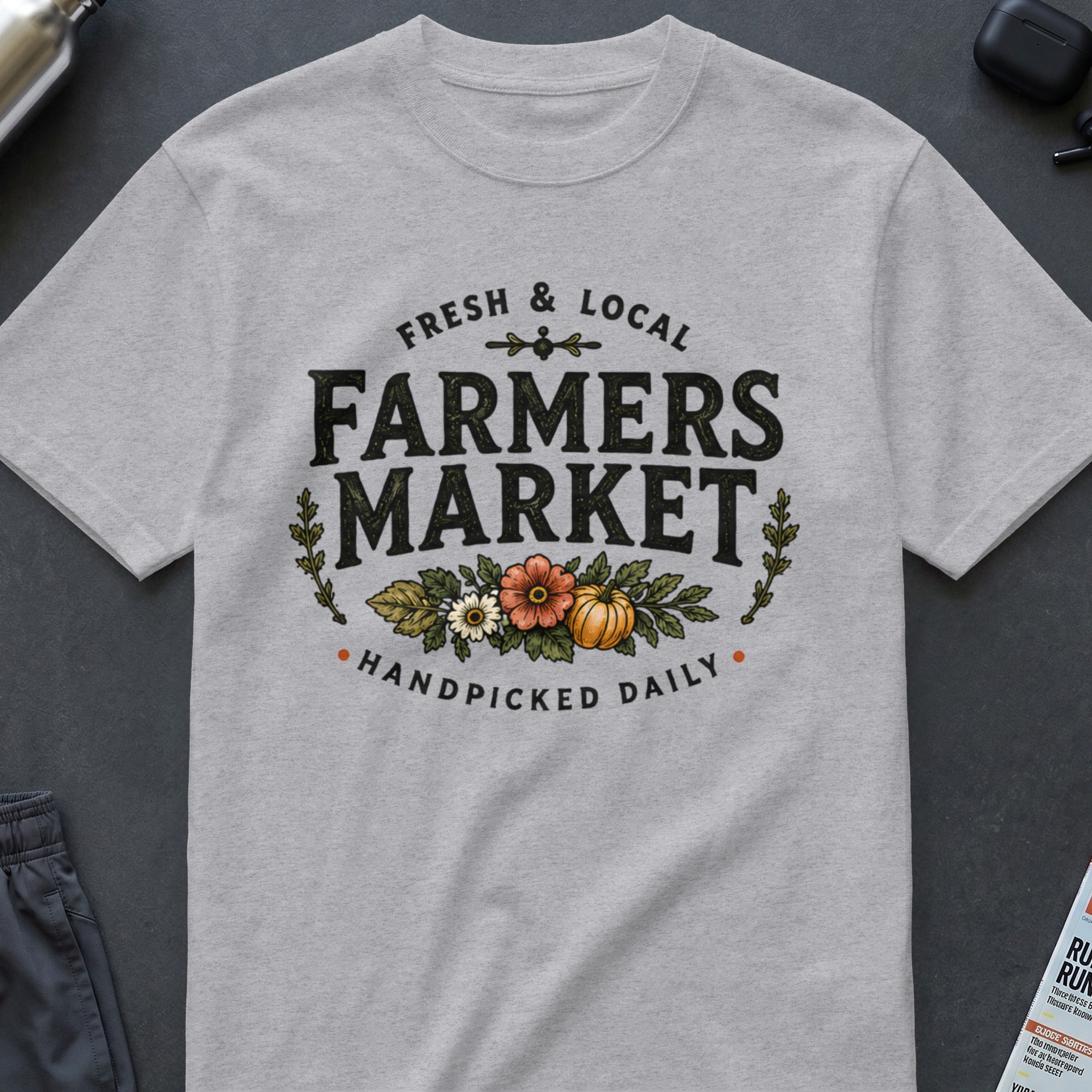 Grey t-shirt with "Fresh & Local Farmers Market Handpicked Daily" text and floral design.