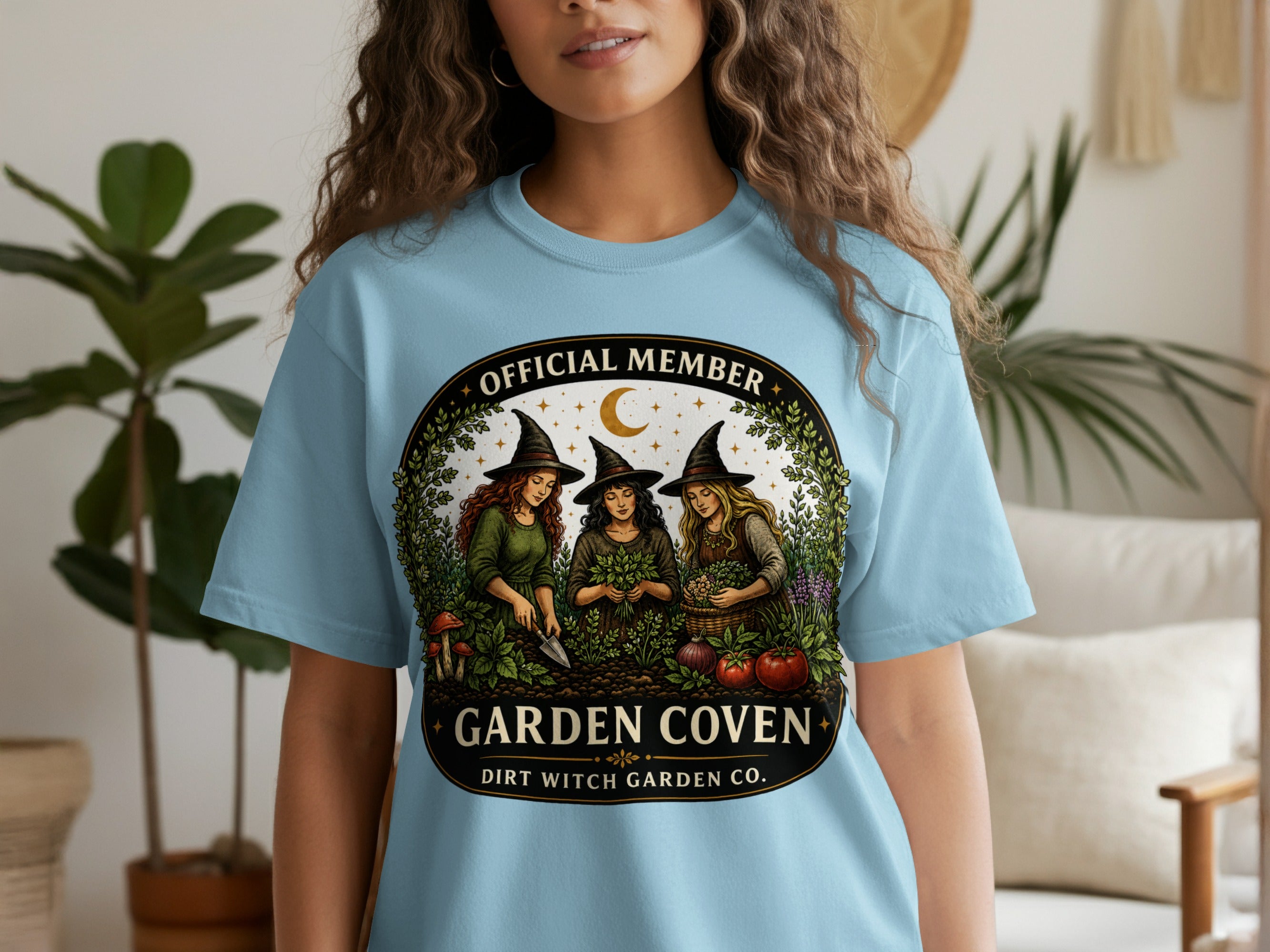 Official Member Garden Coven graphic with three witches gardening under a moon.