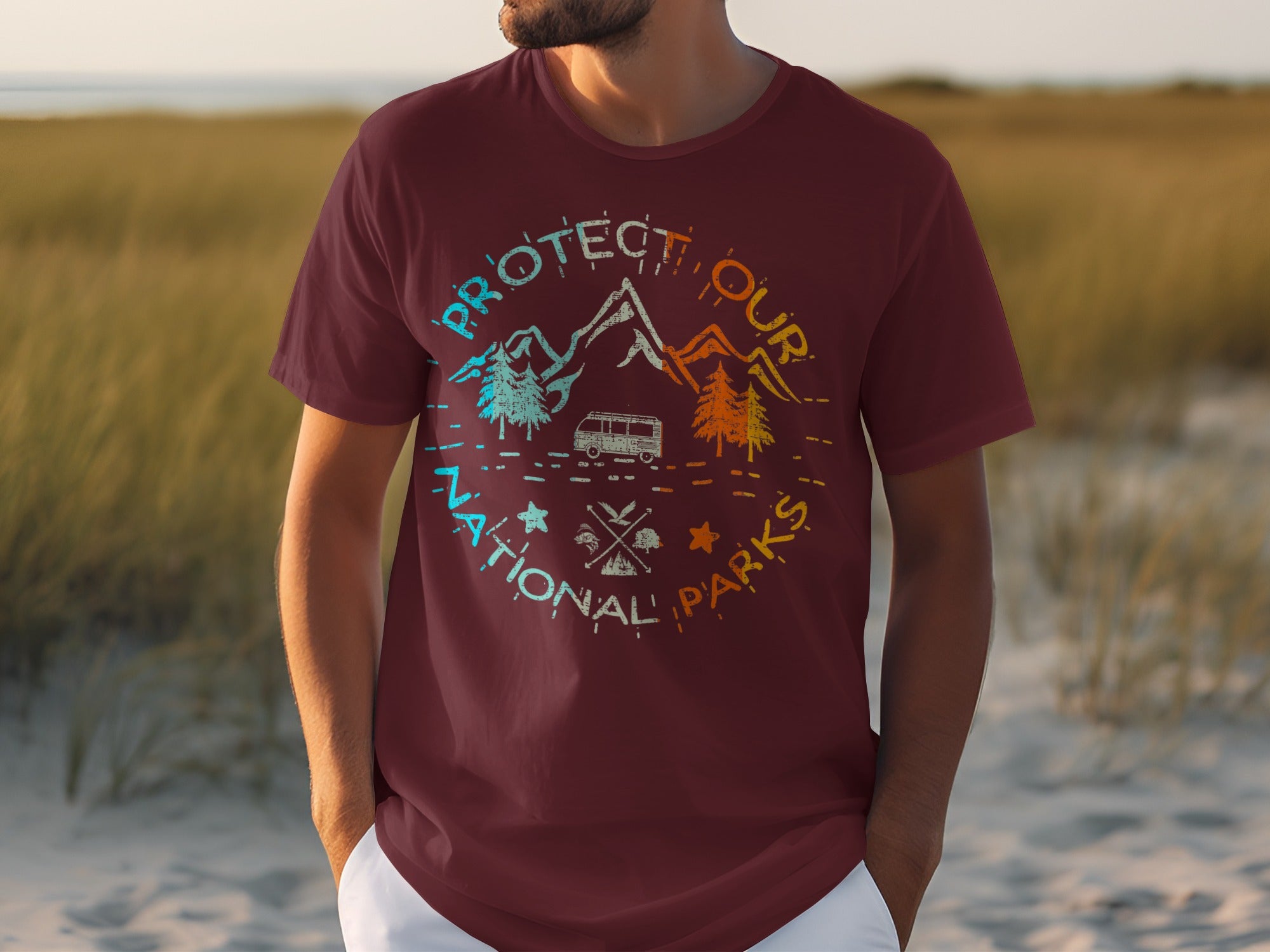 Maroon t-shirt with "Protect Our National Parks" graphic featuring mountains and trees