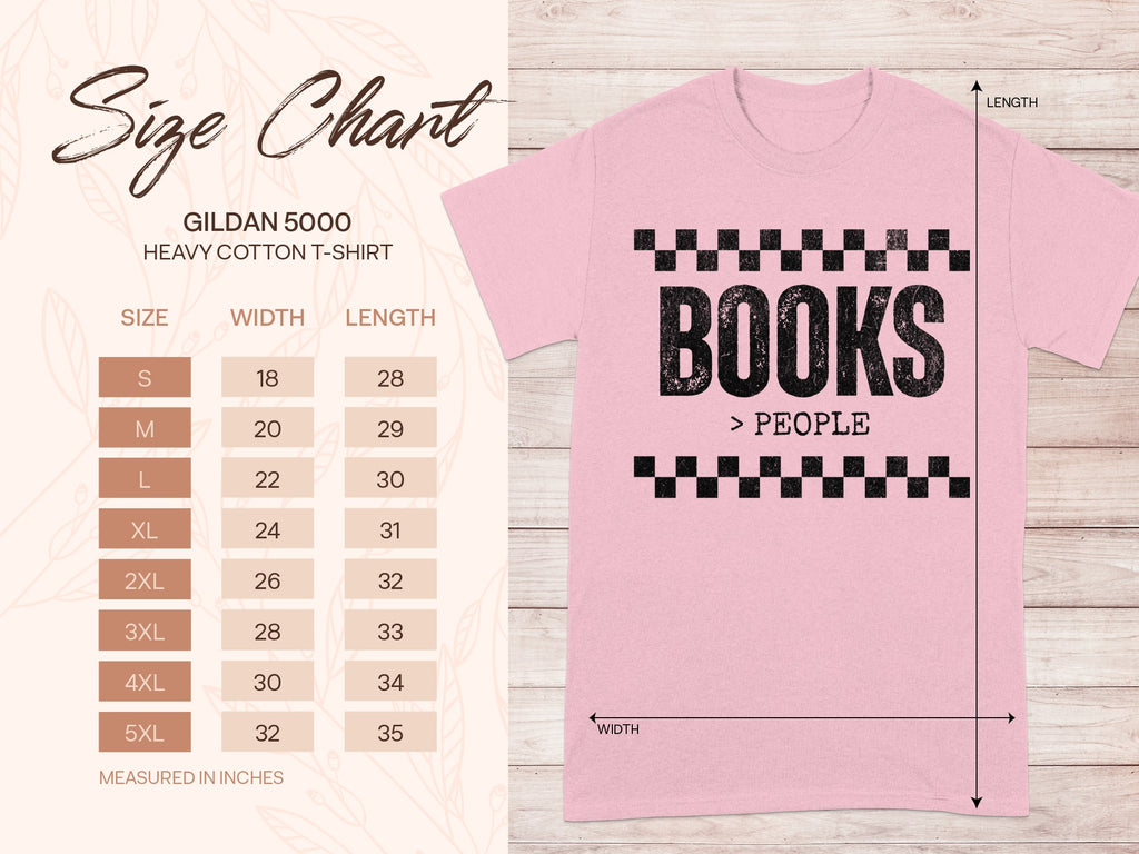 Gildan 5000 heavy cotton t-shirt size chart with "Books > People" graphic.