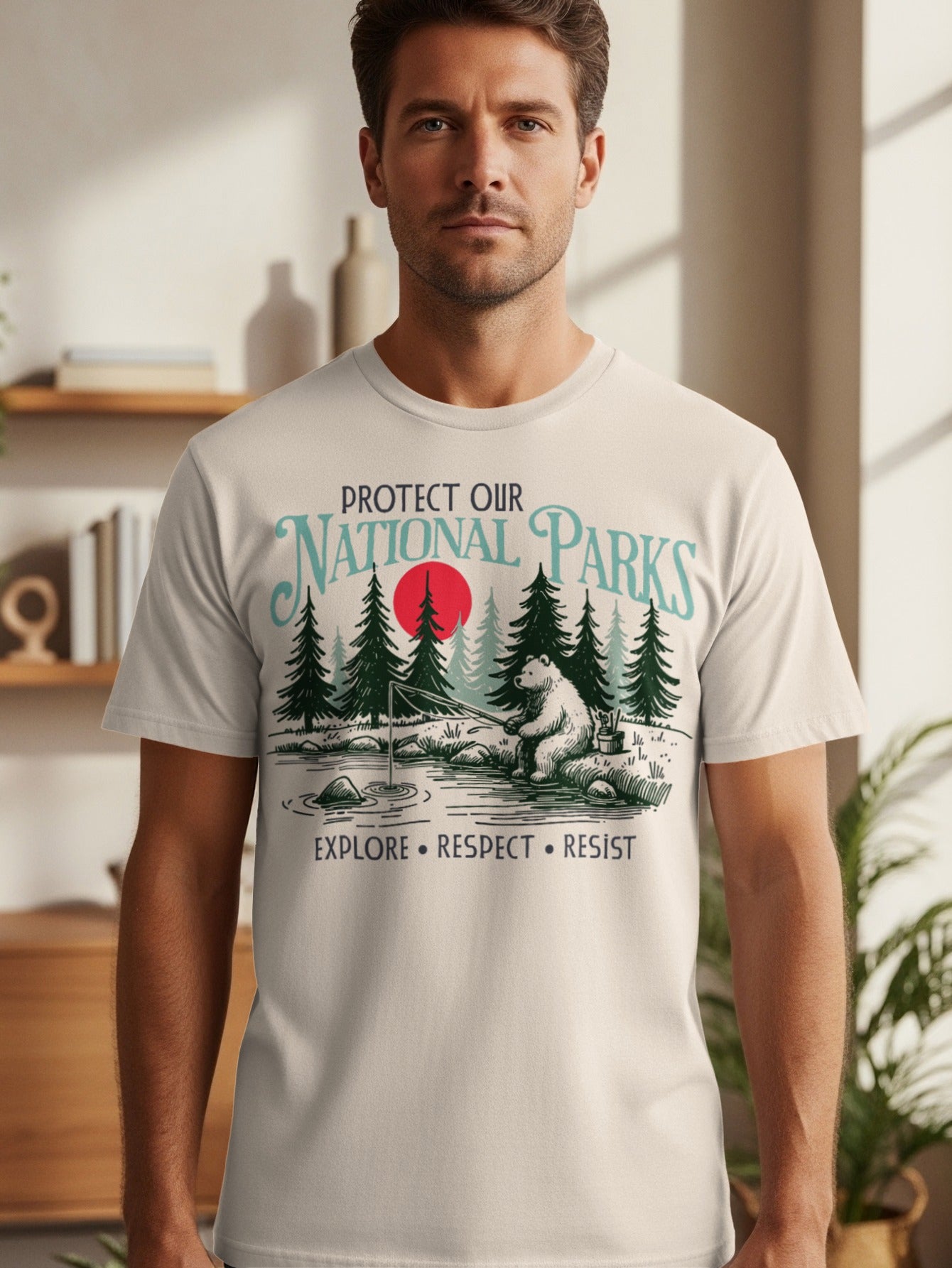T-shirt with text "Protect our National Parks" and a bear fishing in a forest.