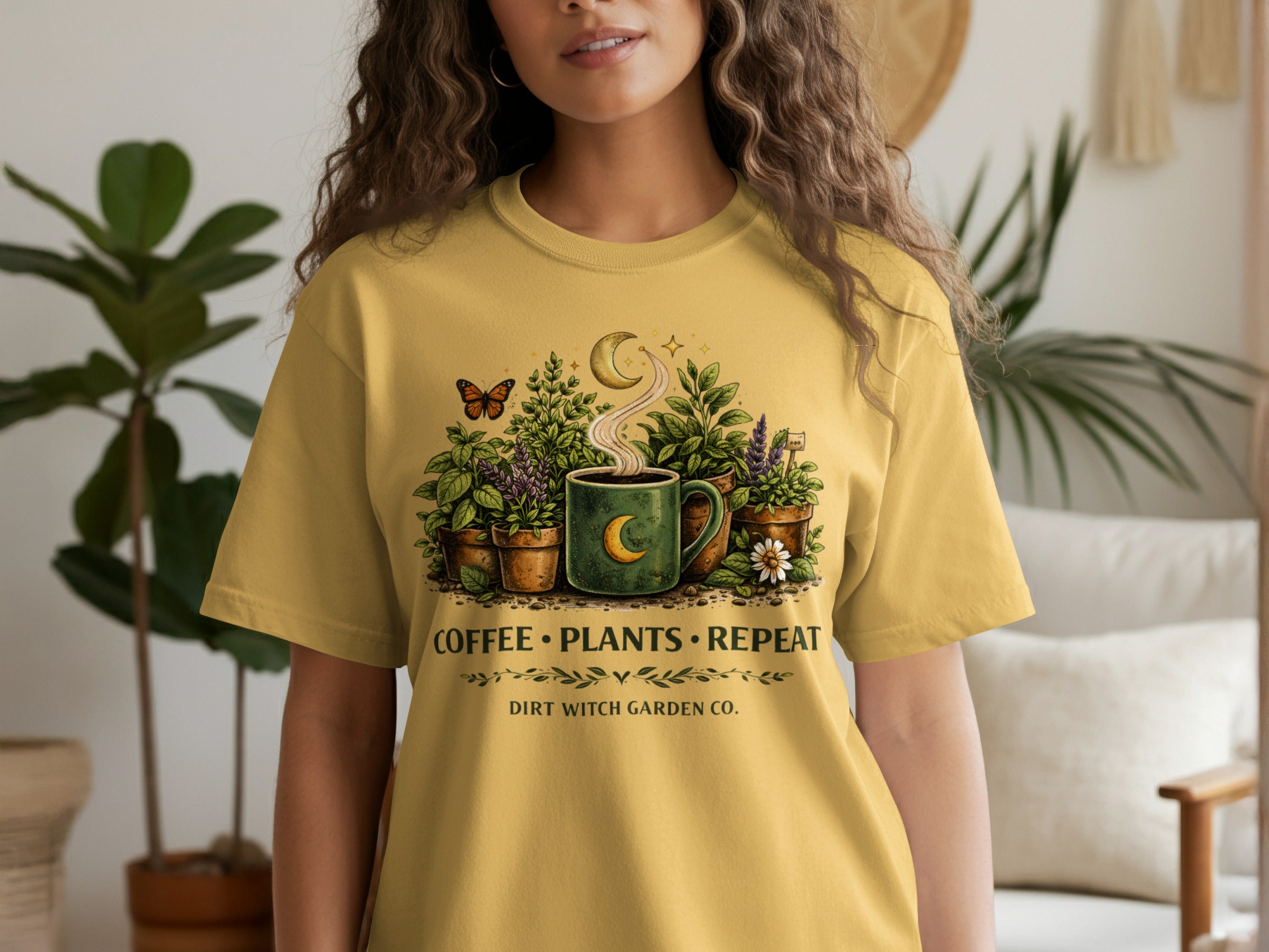 Yellow t-shirt with "Coffee Plants Repeat" and "Dirt Witch Garden Co." text.