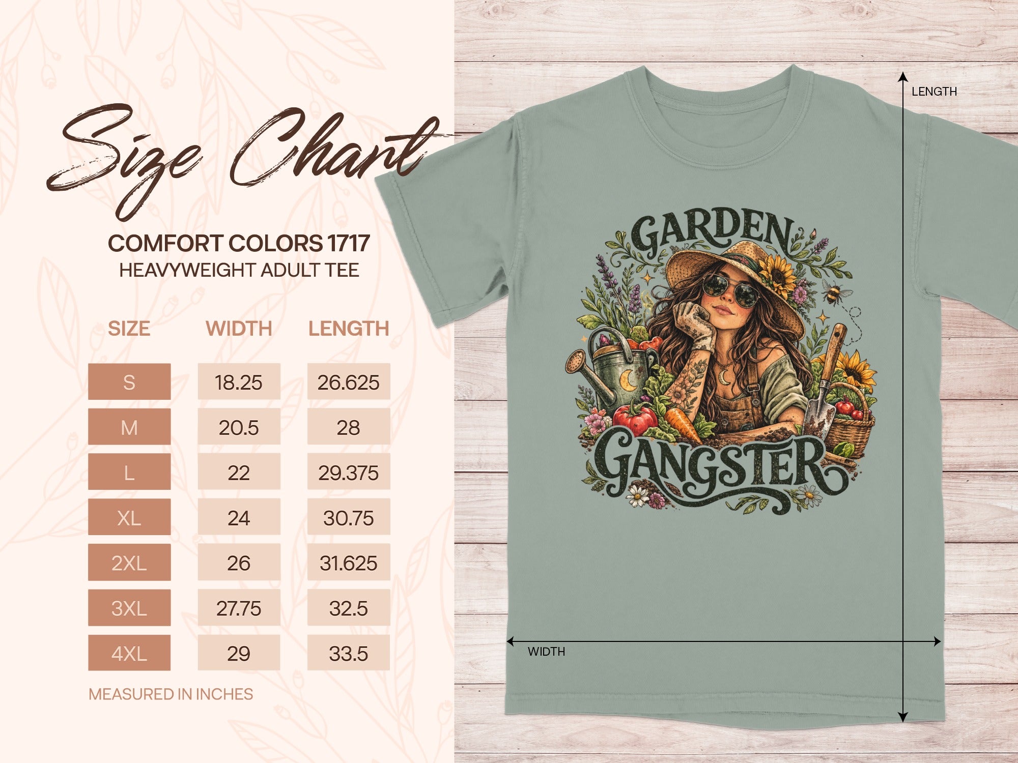 Comfort Colors 1717 heavyweight adult tee size chart with garden gangster graphic.