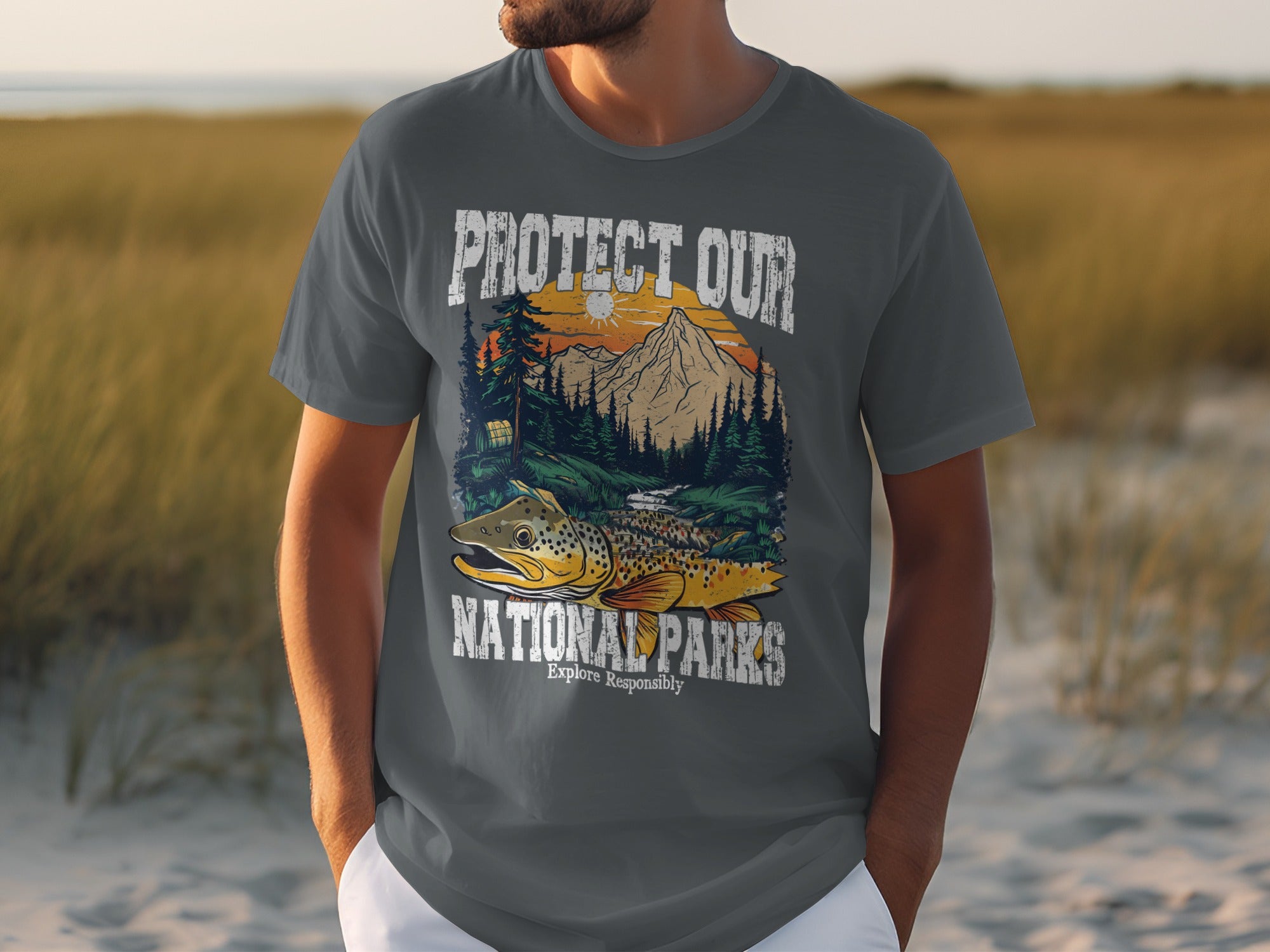 T-shirt graphic reading "PROTECT OUR NATIONAL PARKS" with a trout and mountain landscape.