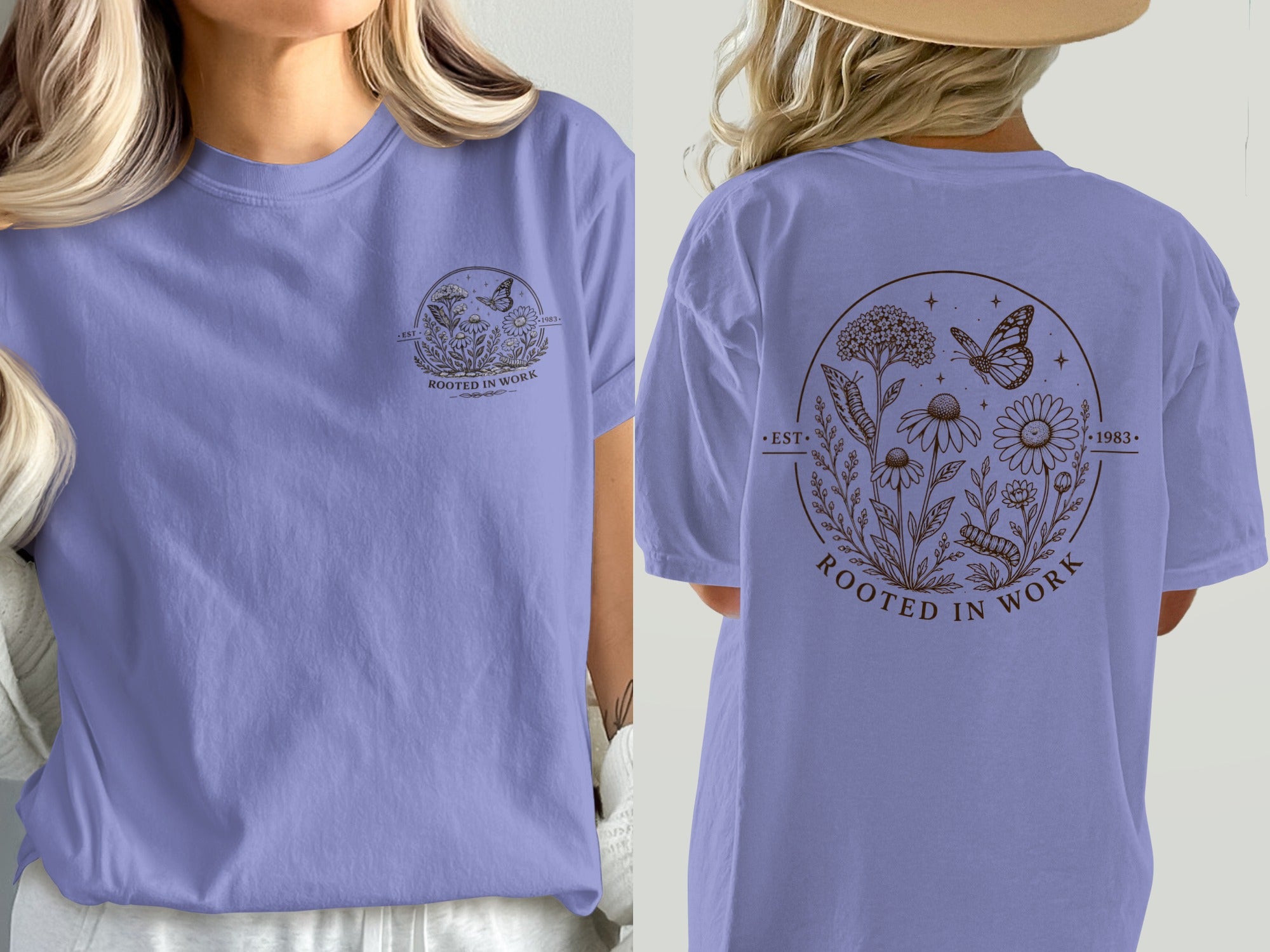 T-shirt with botanical graphic and text "Rooted in Work" above a caterpillar.
