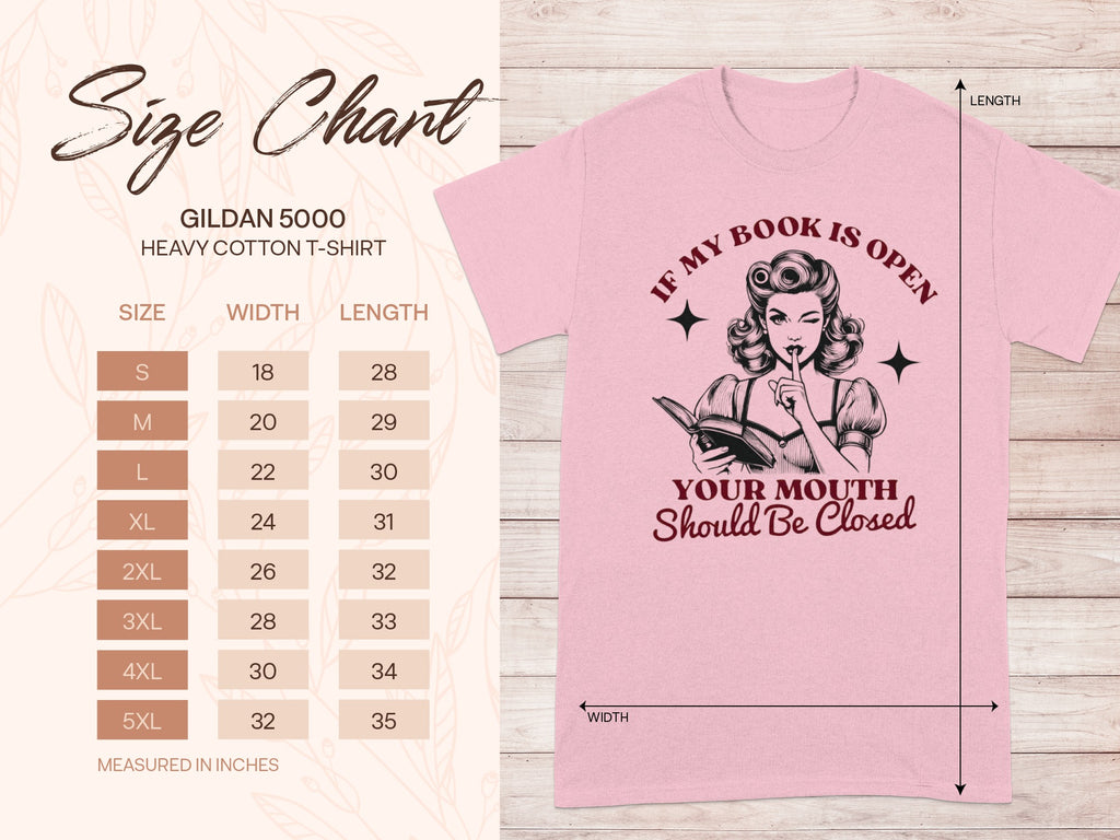 Gildan 5000 heavy cotton t-shirt size chart with text graphic.