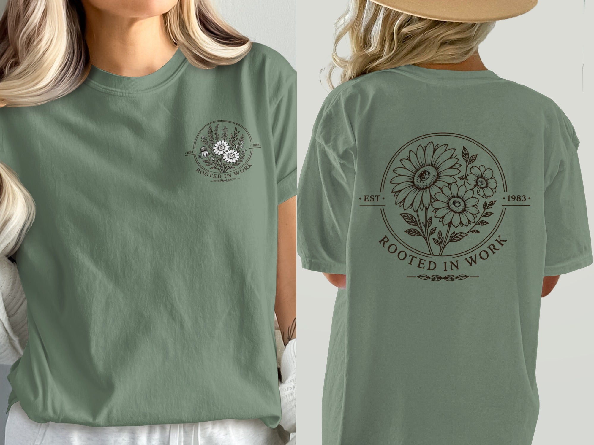 Green t-shirt with floral design and text "ROOTED IN WORK EST. 1983"