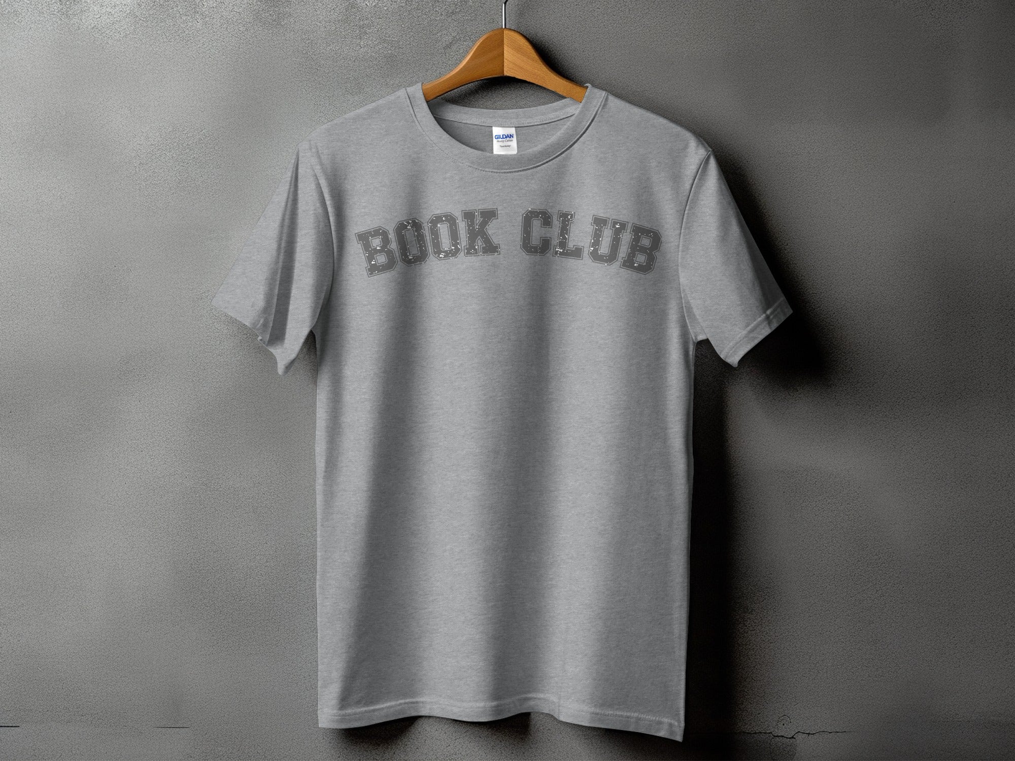 Grey t-shirt with distressed "BOOK CLUB" text across the chest.