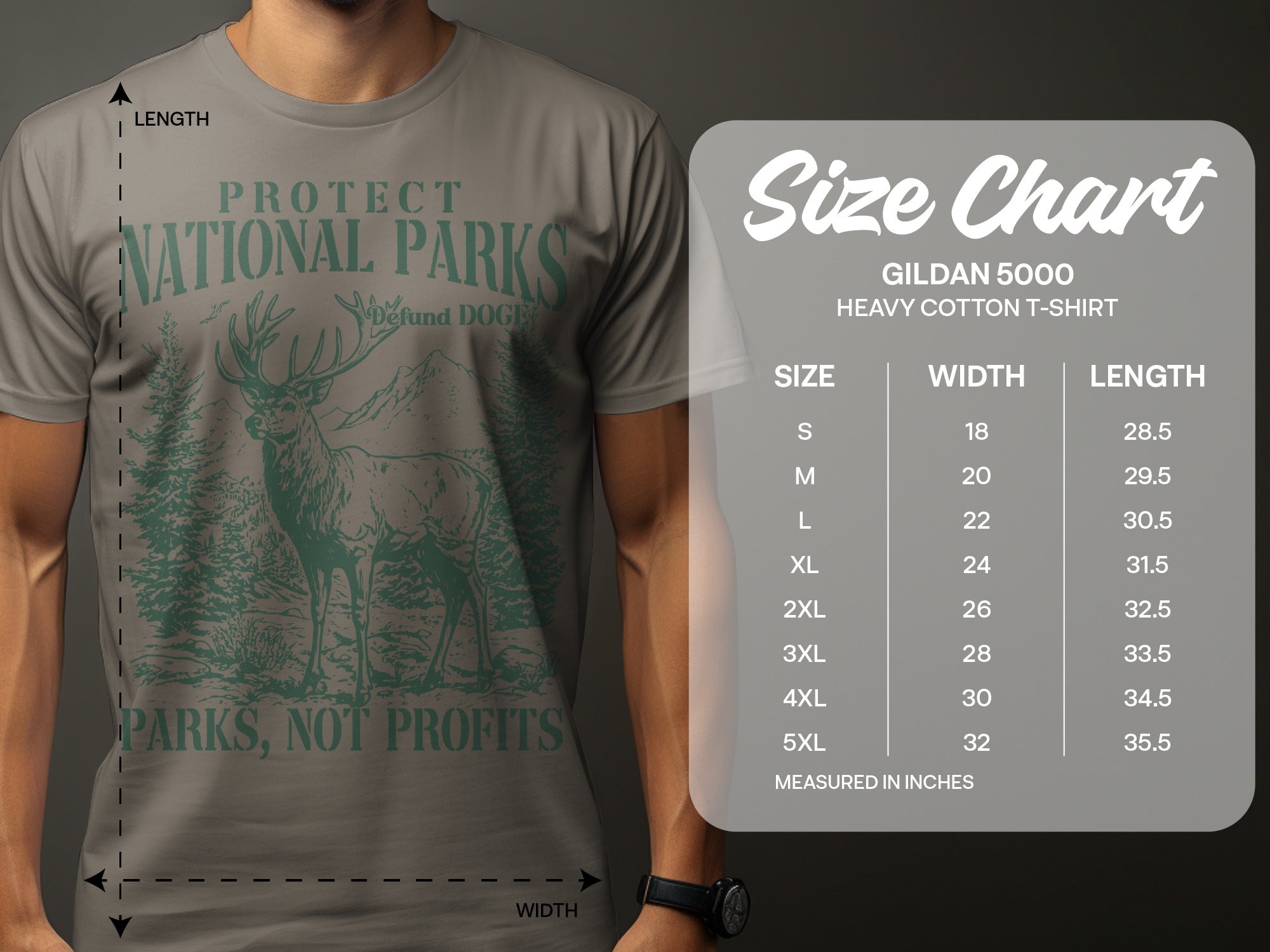 T-shirt with Protect National Parks graphic and Gildan 5000 size chart.