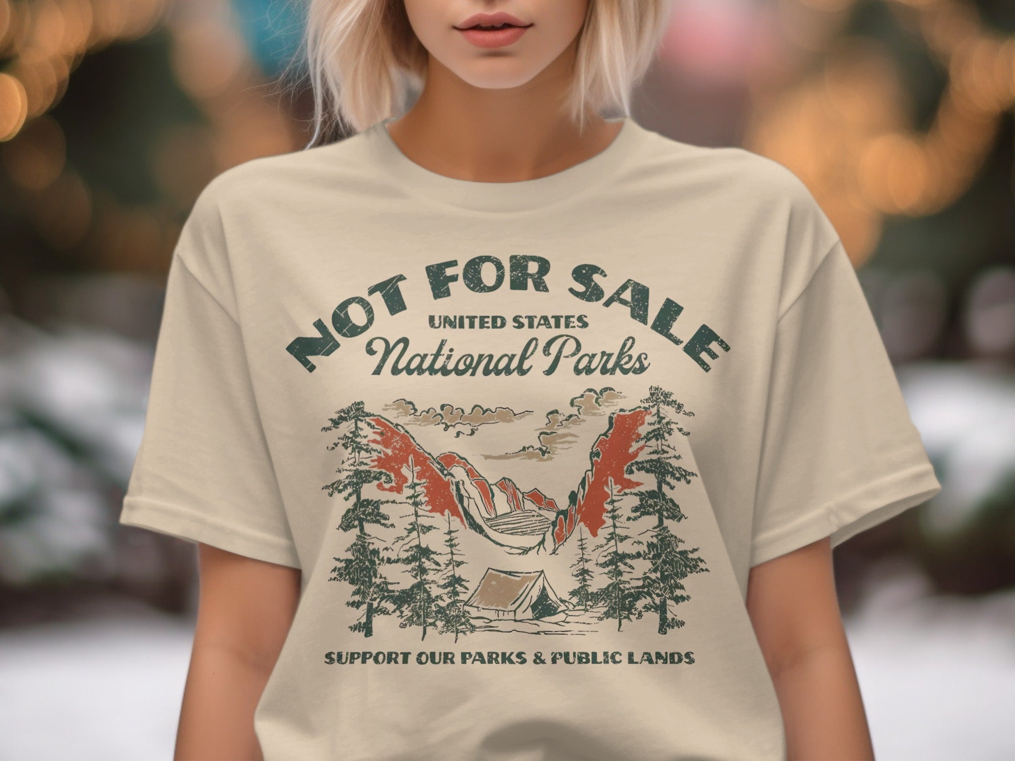 "Not For Sale United States National Parks" graphic with mountains, trees, and tent.