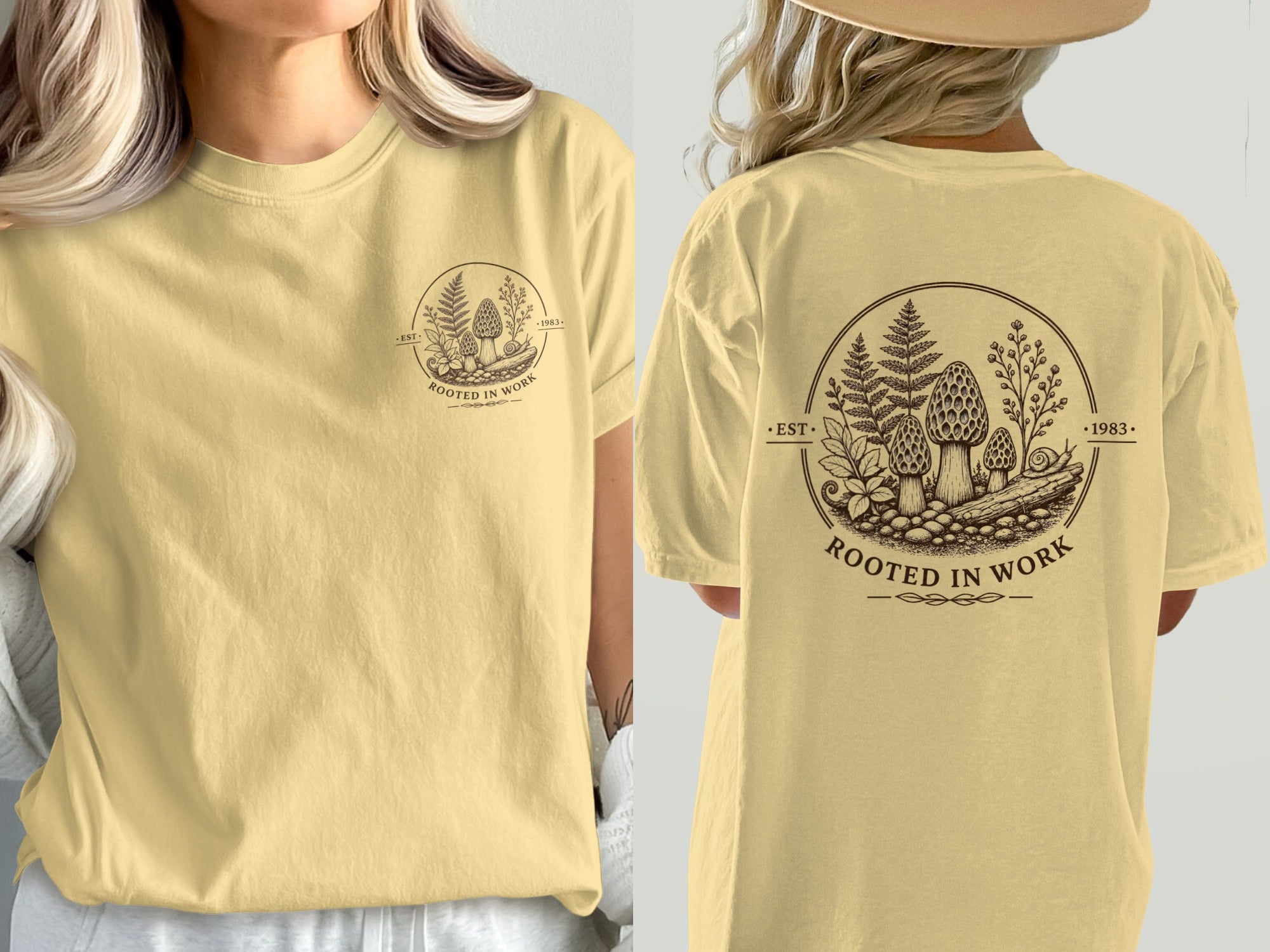 Yellow t-shirt with a circular mushroom and floral nature graphic that says "Rooted in Work".
