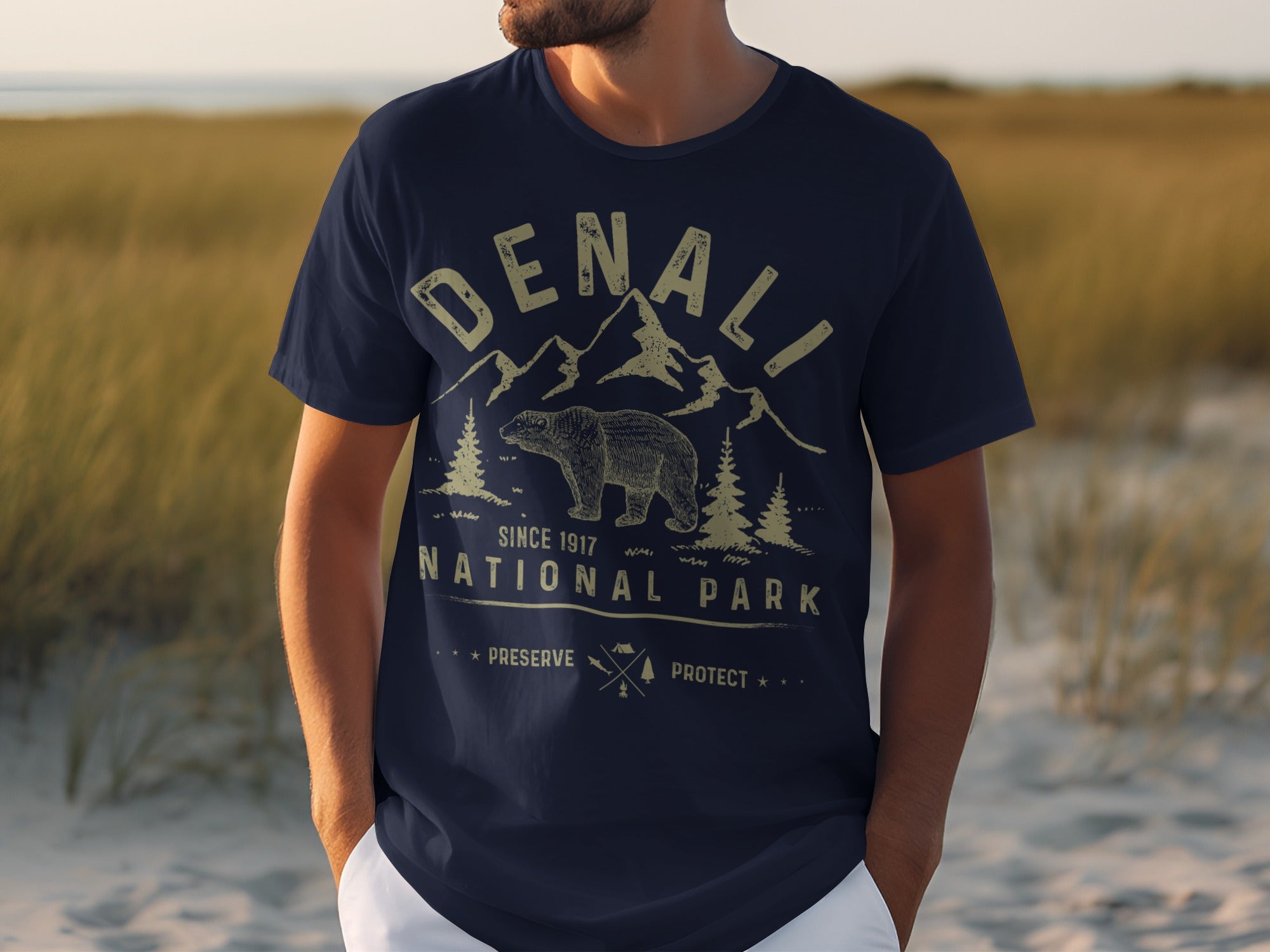 Denali National Park t-shirt with bear, mountains, and trees graphic.