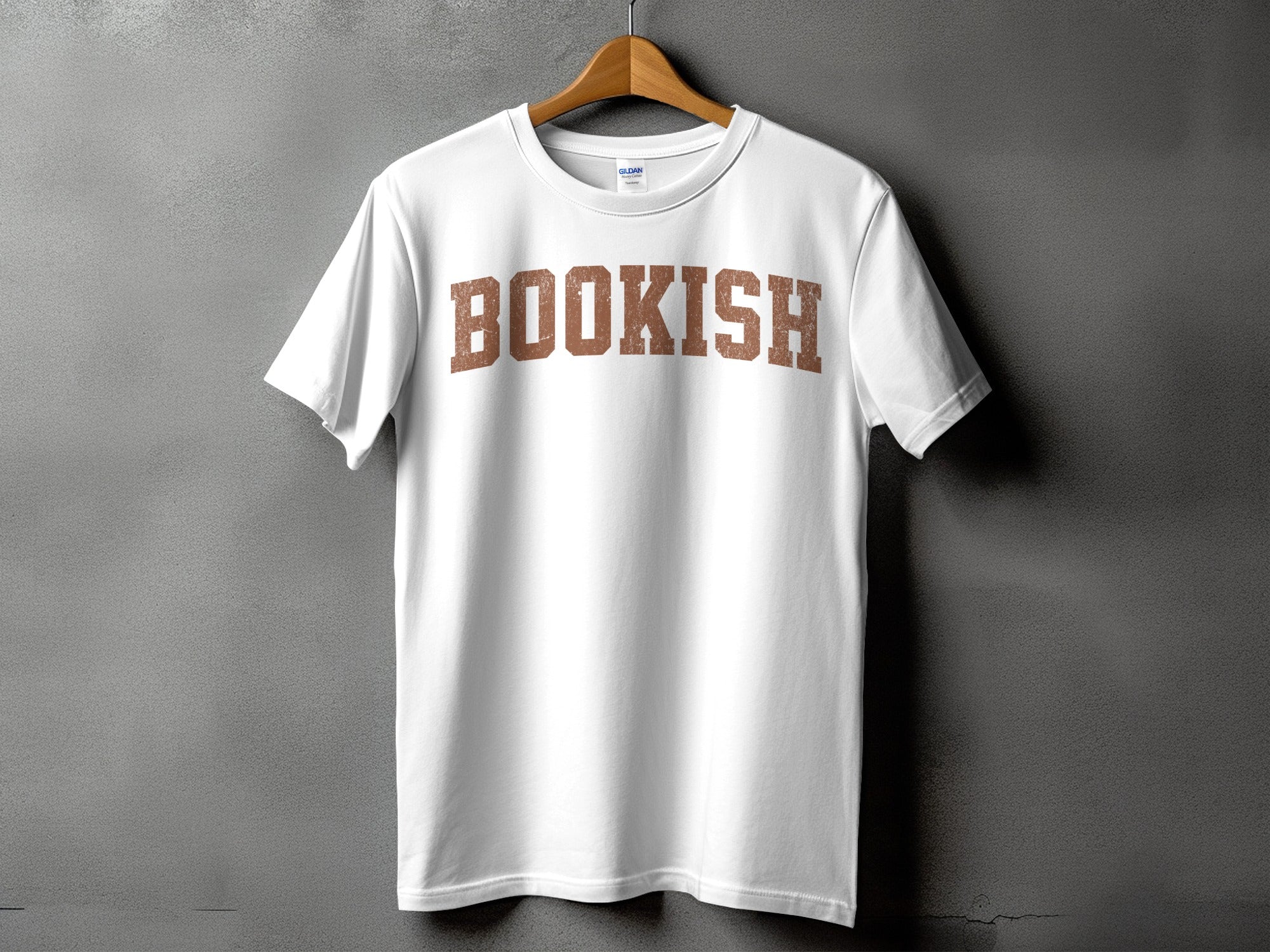 White t-shirt with distressed brown "BOOKISH" text on the front.