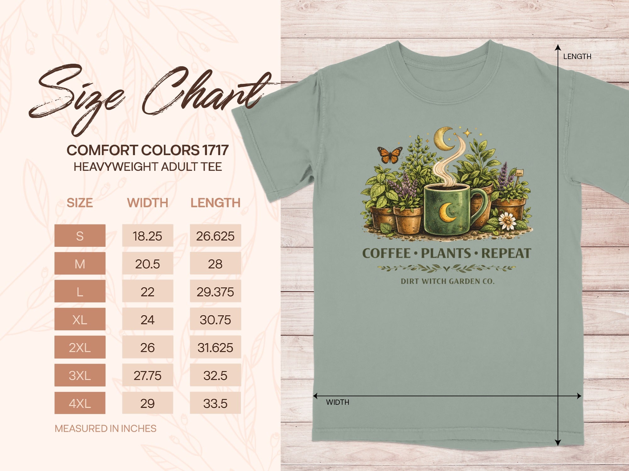 Comfort Colors 1717 size chart for heavyweight adult tee with graphic.