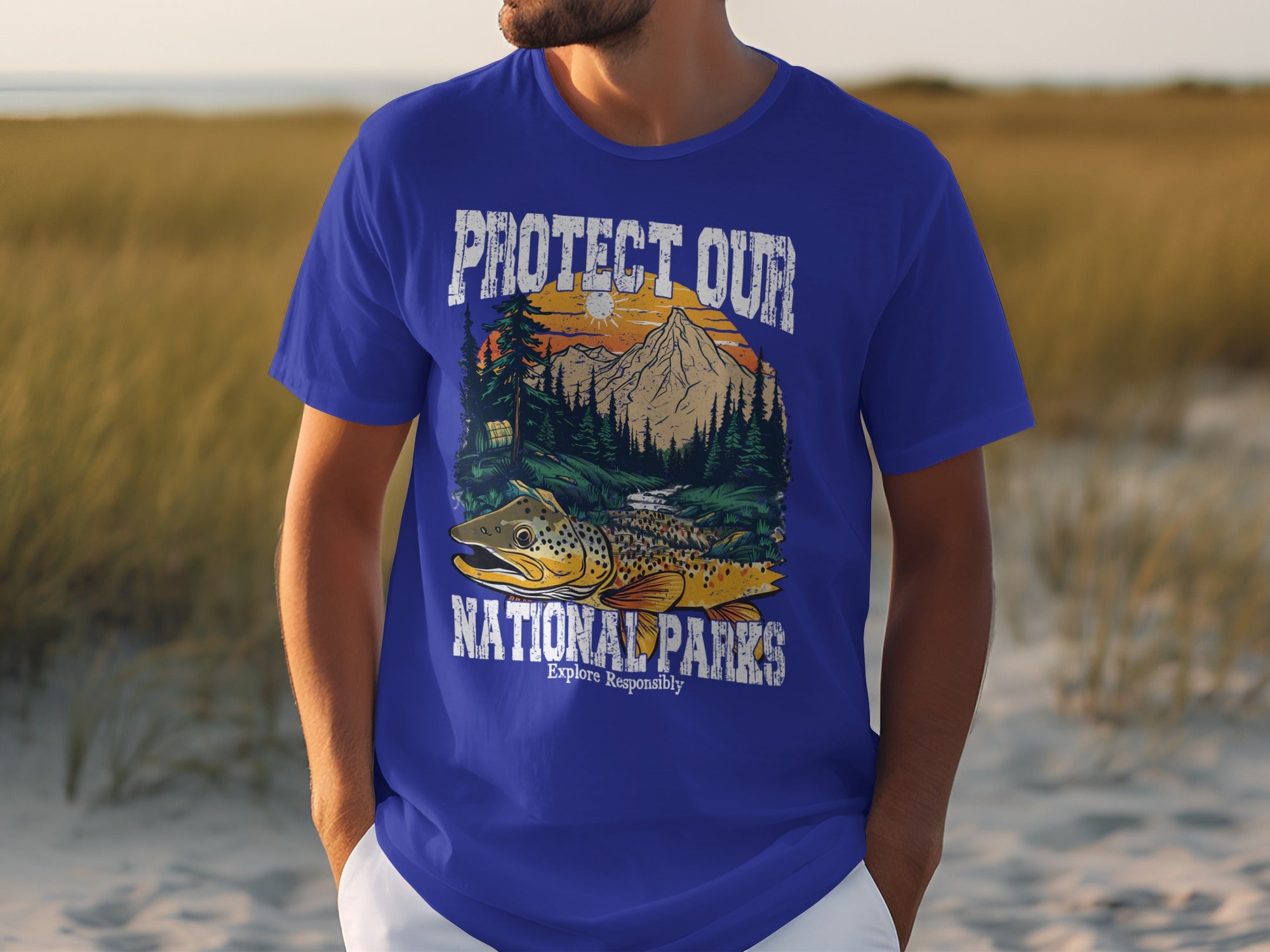 Blue t-shirt with "Protect Our National Parks" text and a trout graphic.