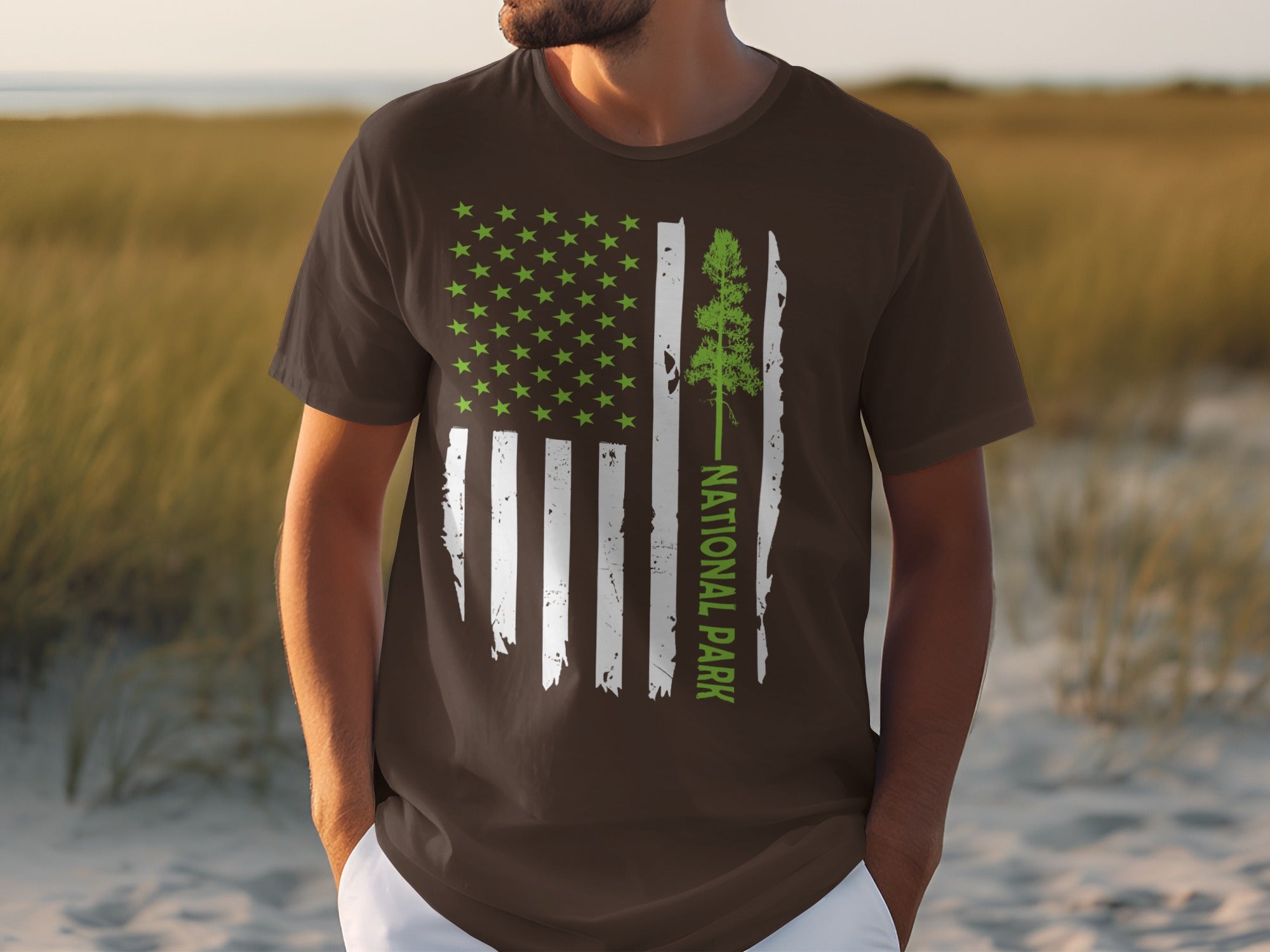 Brown t-shirt with distressed American flag graphic and "National Park" text.