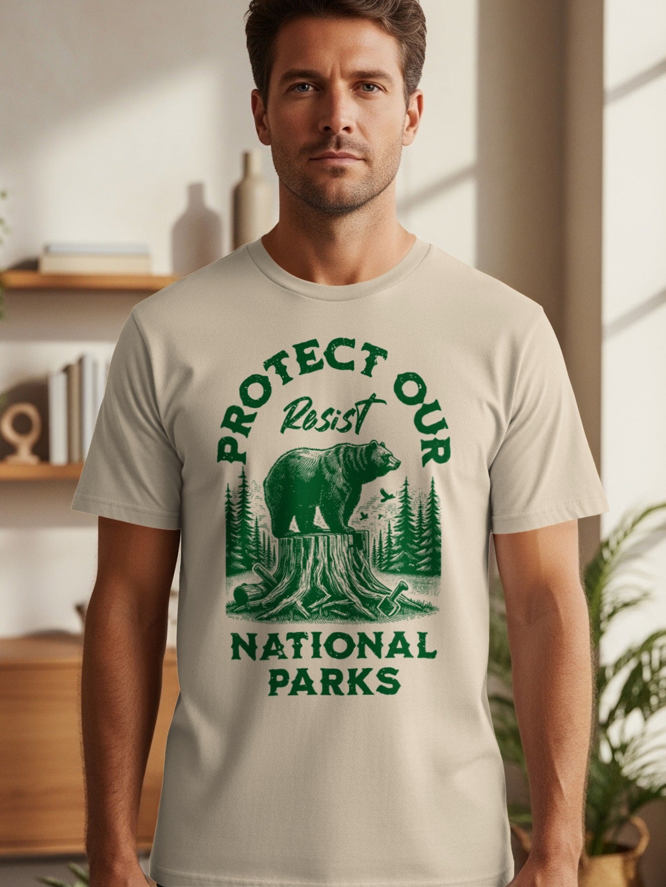 T-shirt graphic with bear on tree stump and text "Protect Our Resist National Parks".