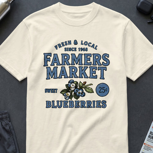 Cream t-shirt with "Farmers Market Sweet Blueberries" text and blueberry graphic.