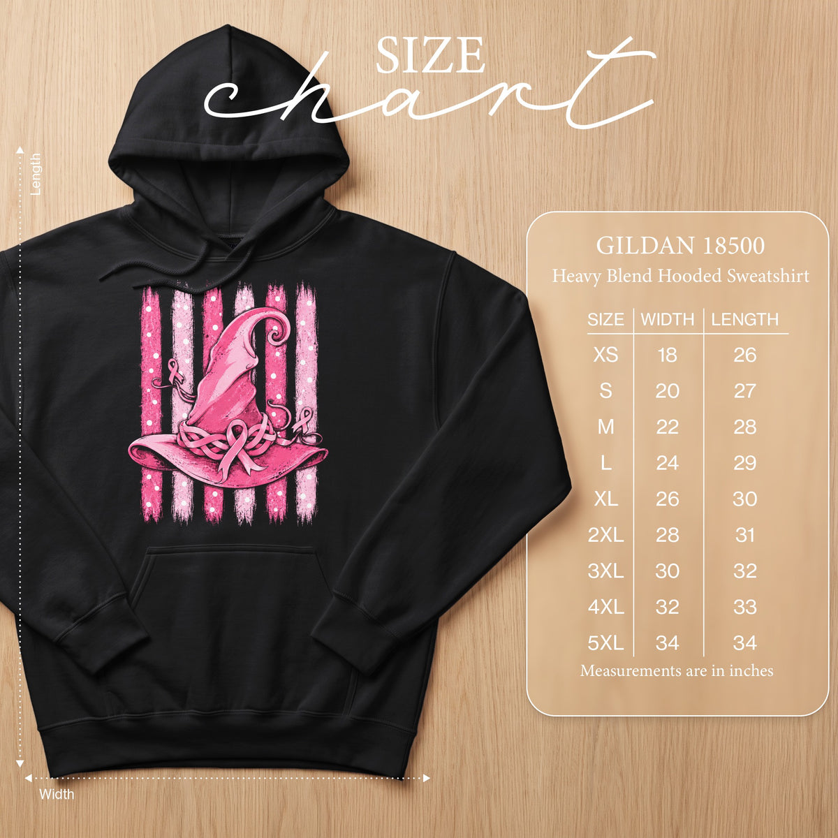 Black Gildan 18500 hooded sweatshirt with pink witch hat graphic and size chart.