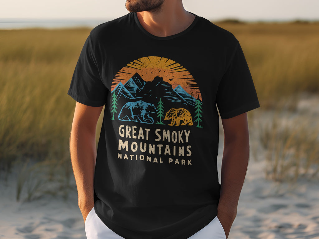Black t-shirt with Great Smoky Mountains National Park graphic featuring bears and mountains.