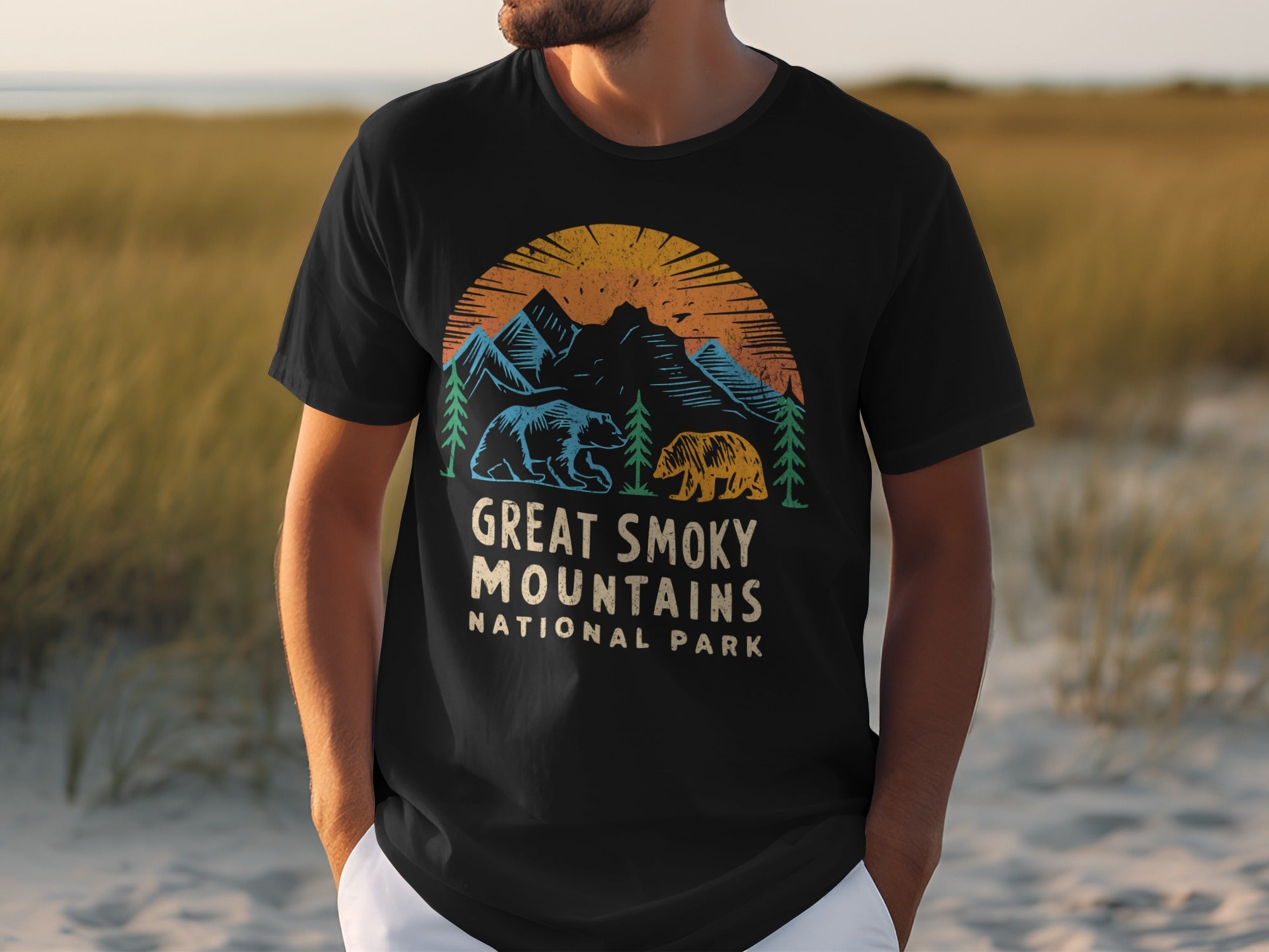 Black t-shirt with Great Smoky Mountains National Park graphic featuring bears and mountains.